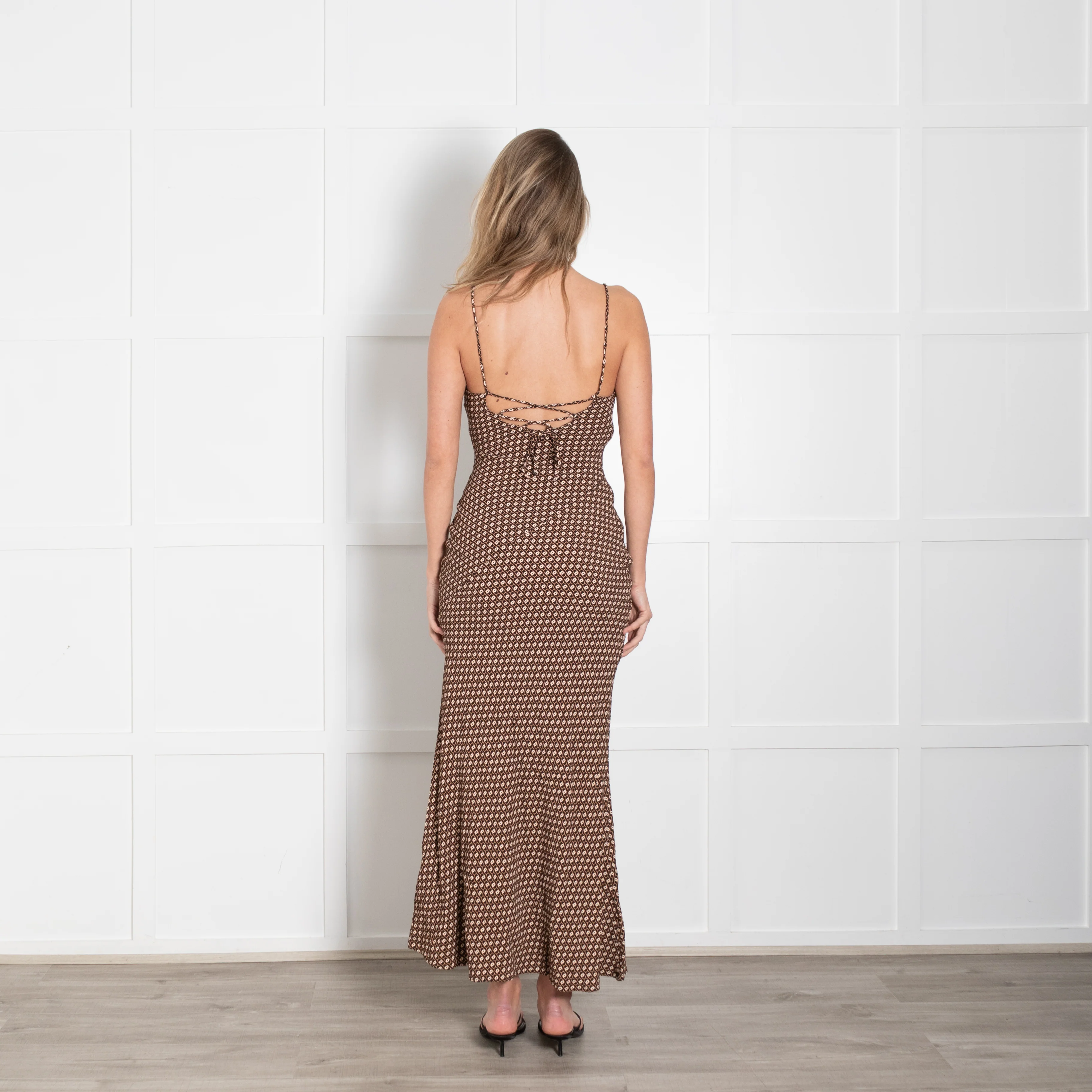 Monday Swimwear Brown & Cream Chain Link Pattern Maxi Strappy Dress - Image 5