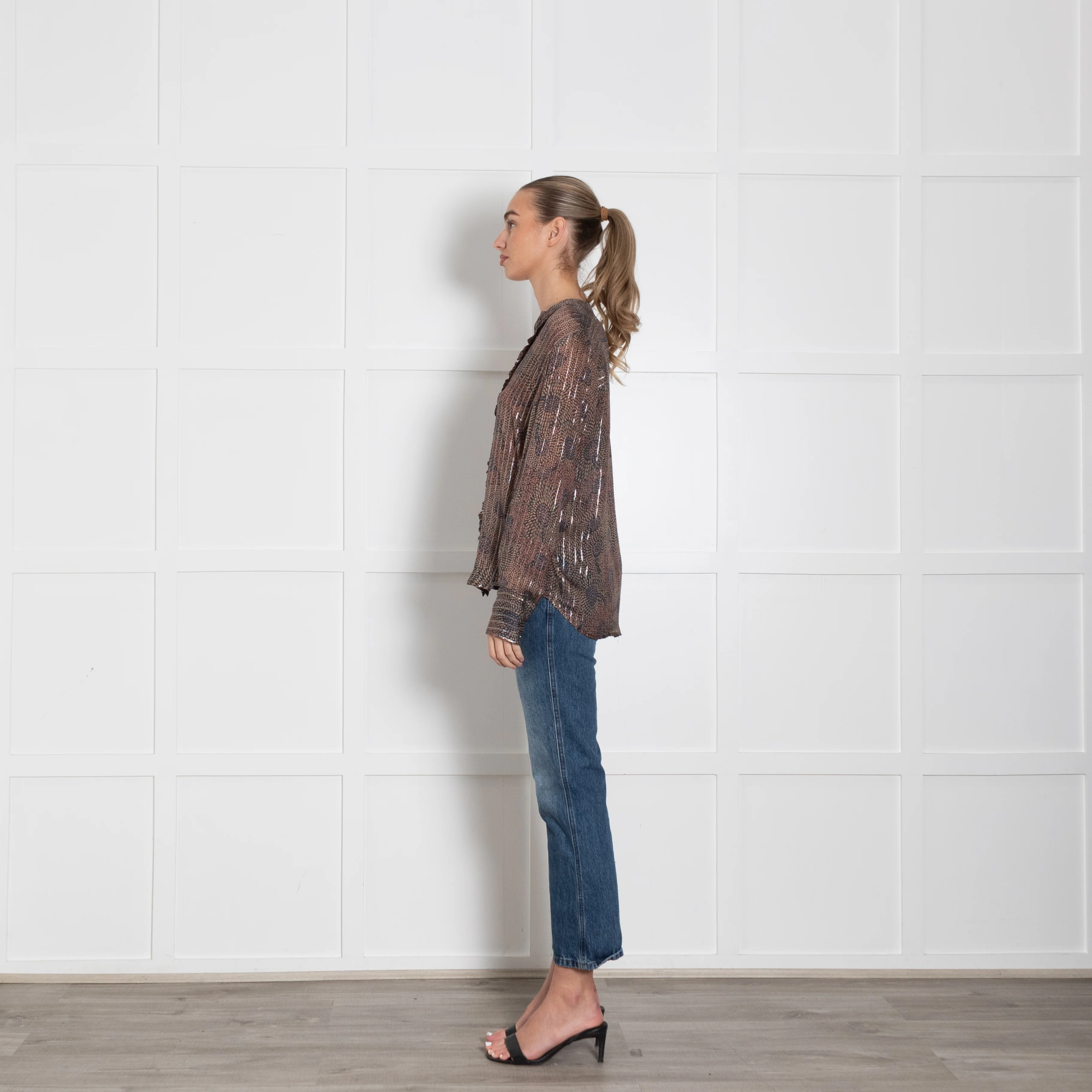 MOS MOSH Blue & Brown Patterned Frill Front Blouse With Silver Lurex Thread - Image 4