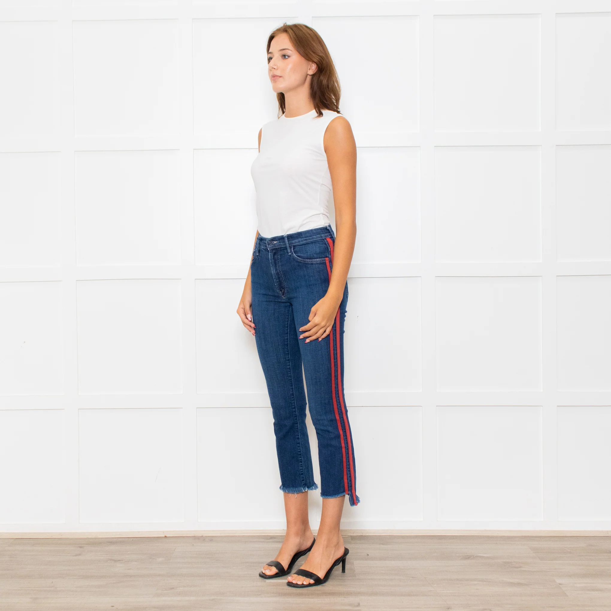 Mother Blue Denim Red Side Stripe Detail Cropped Jeans - Image 3