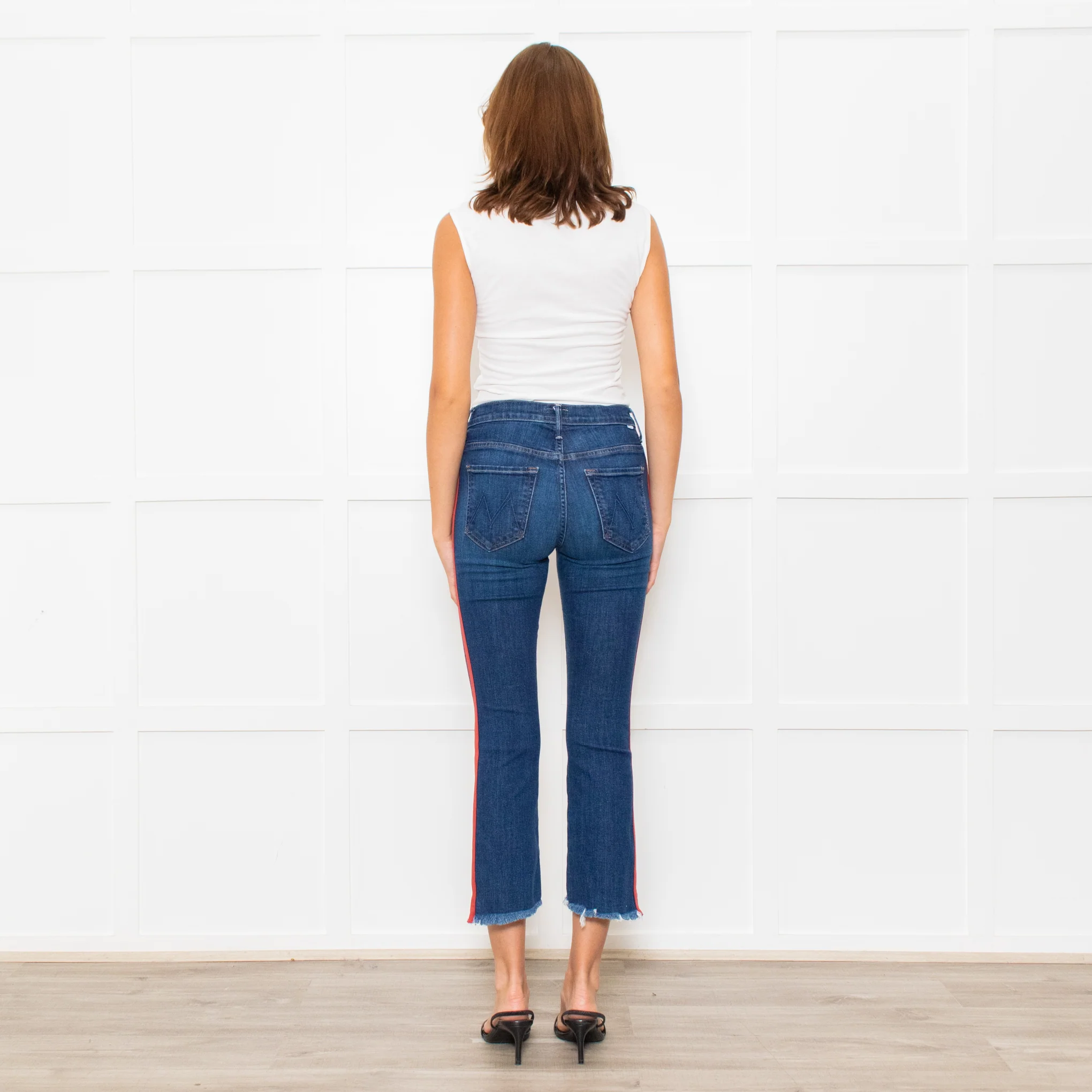 Mother Blue Denim Red Side Stripe Detail Cropped Jeans - Image 5