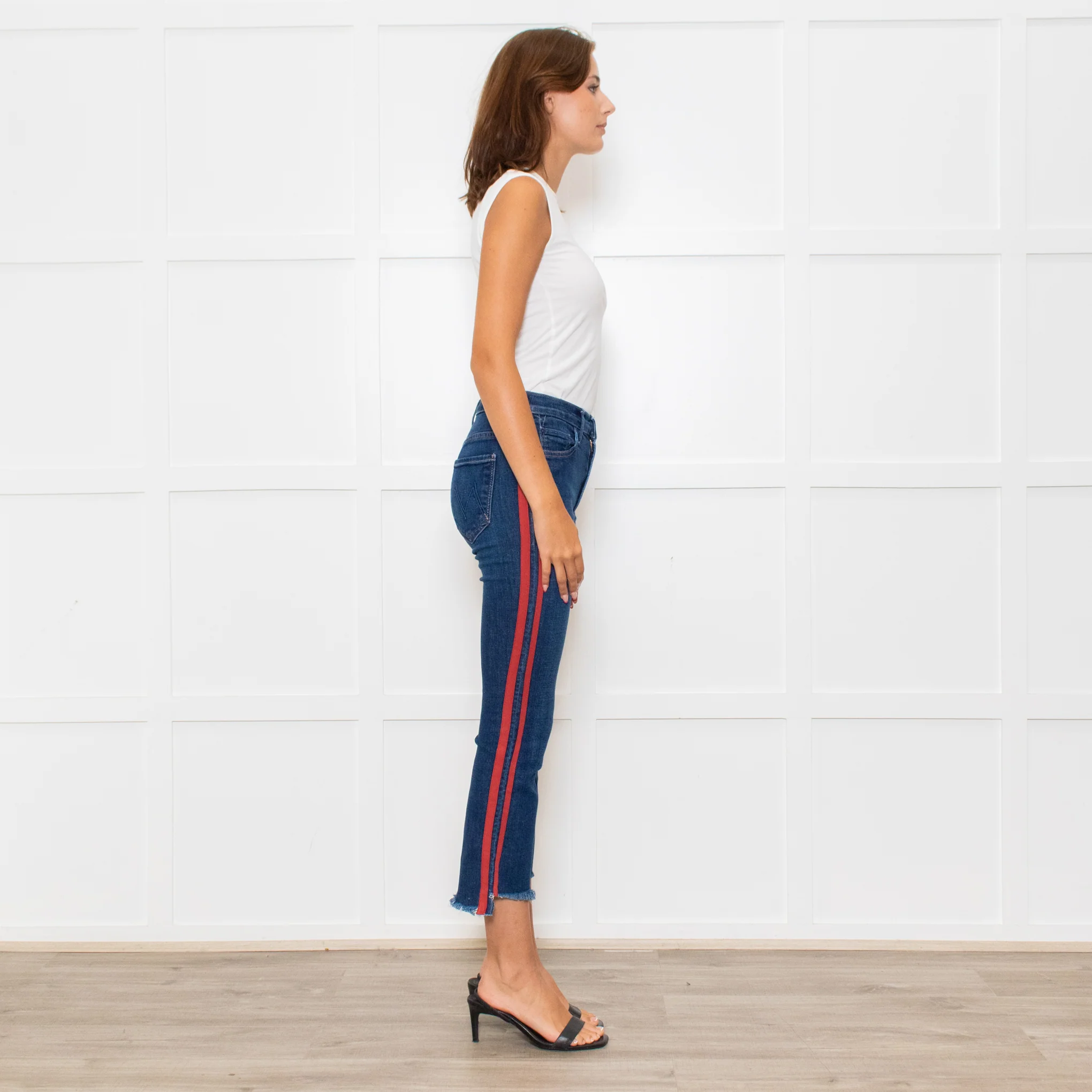 Mother Blue Denim Red Side Stripe Detail Cropped Jeans - Image 6