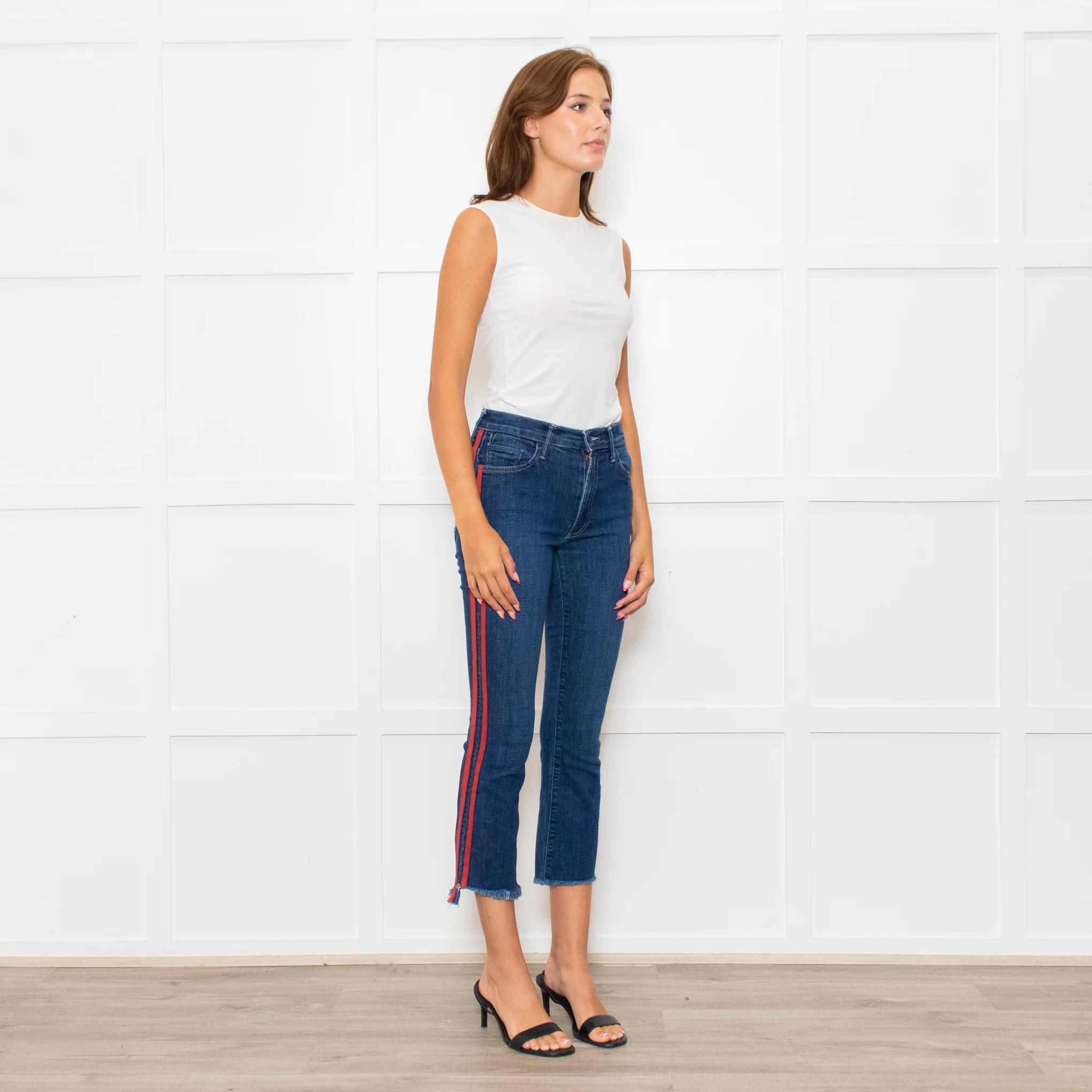 Mother Blue Denim Red Side Stripe Detail Cropped Jeans - Image 7