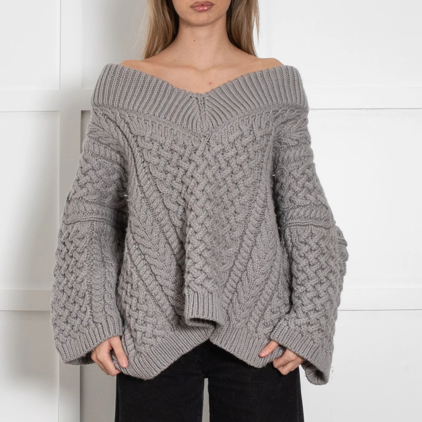 Mr Mittens Grey Honey V Neck Cable Knit Jumper - Image 2