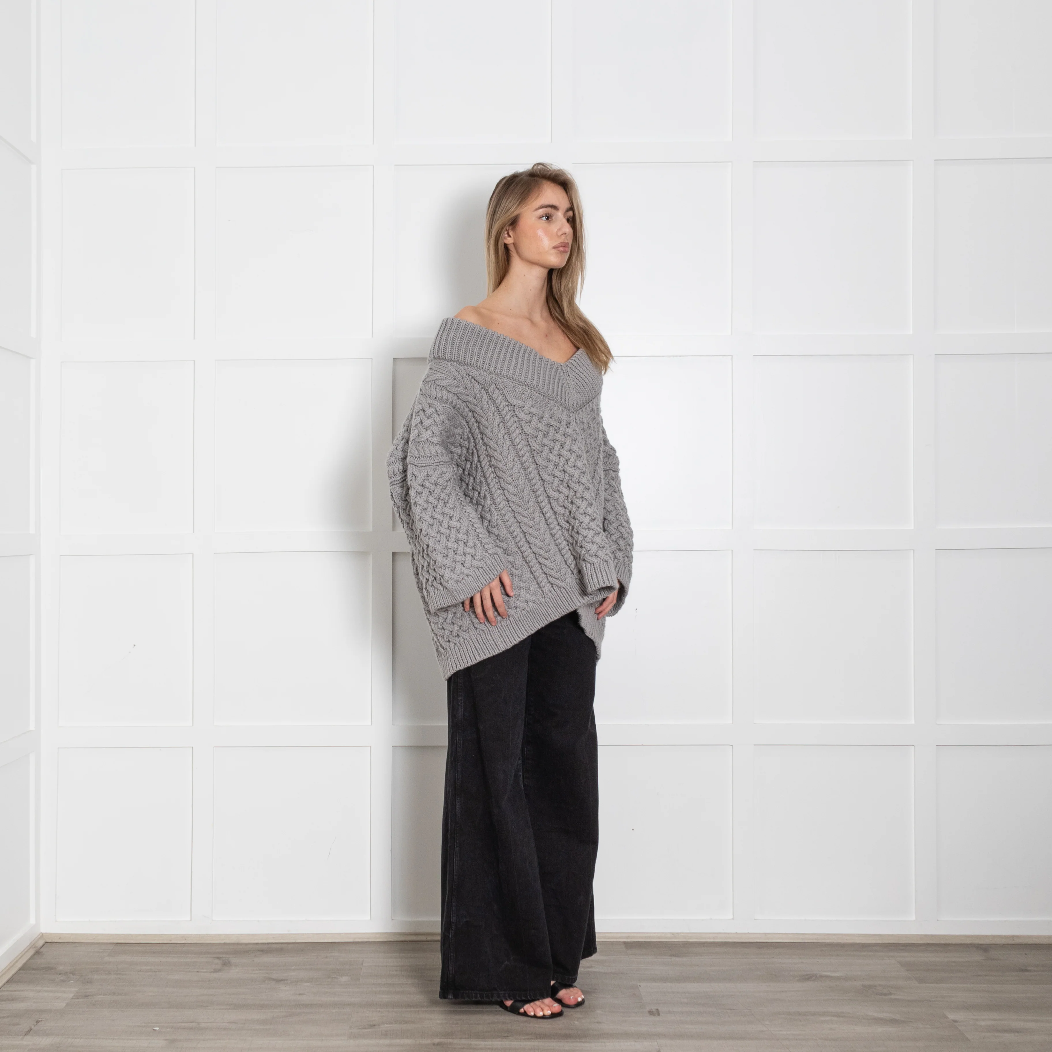 Mr Mittens Grey Honey V Neck Cable Knit Jumper - Image 7