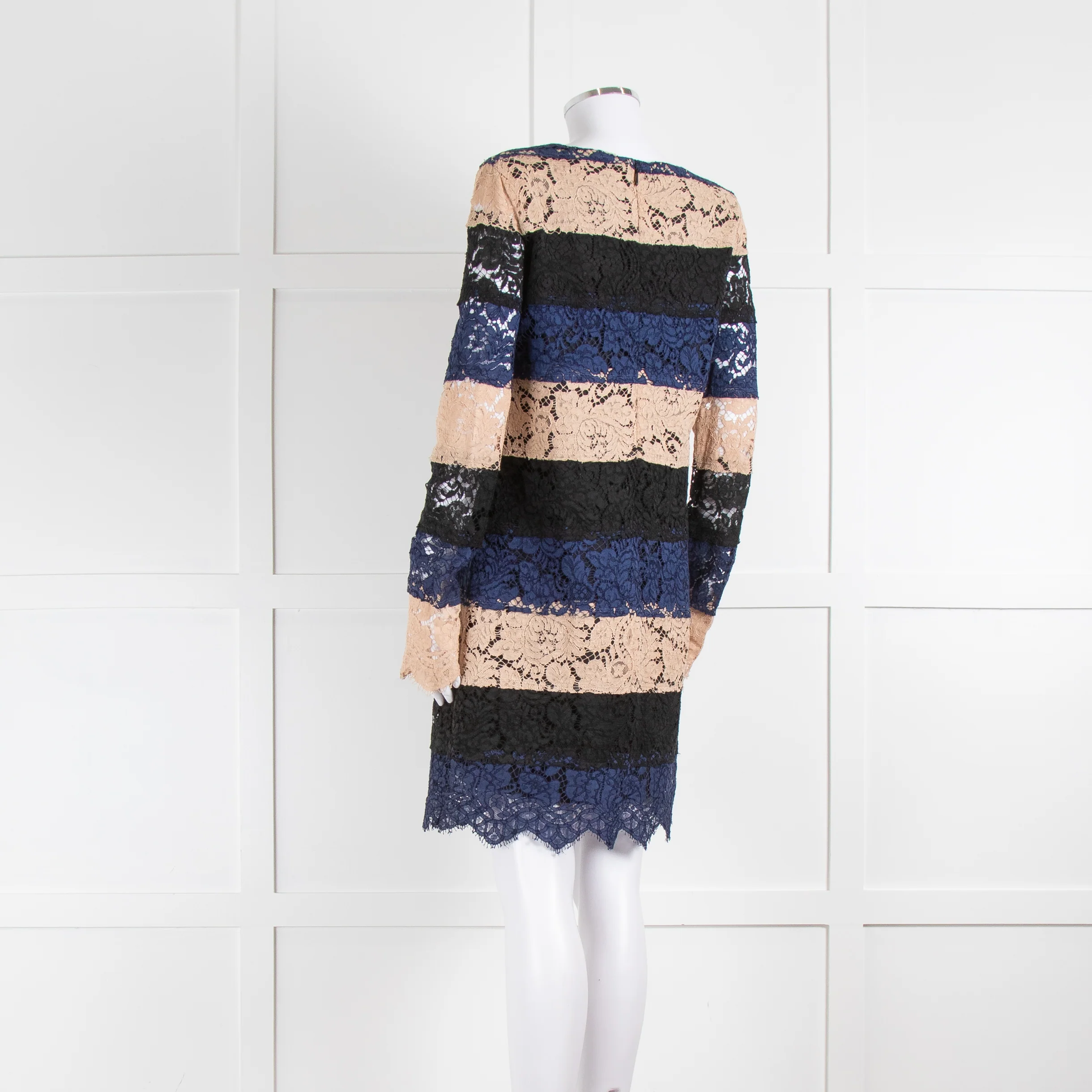 MSGM Black Beige Navy Lace Long Sleeve Dress - Image 6