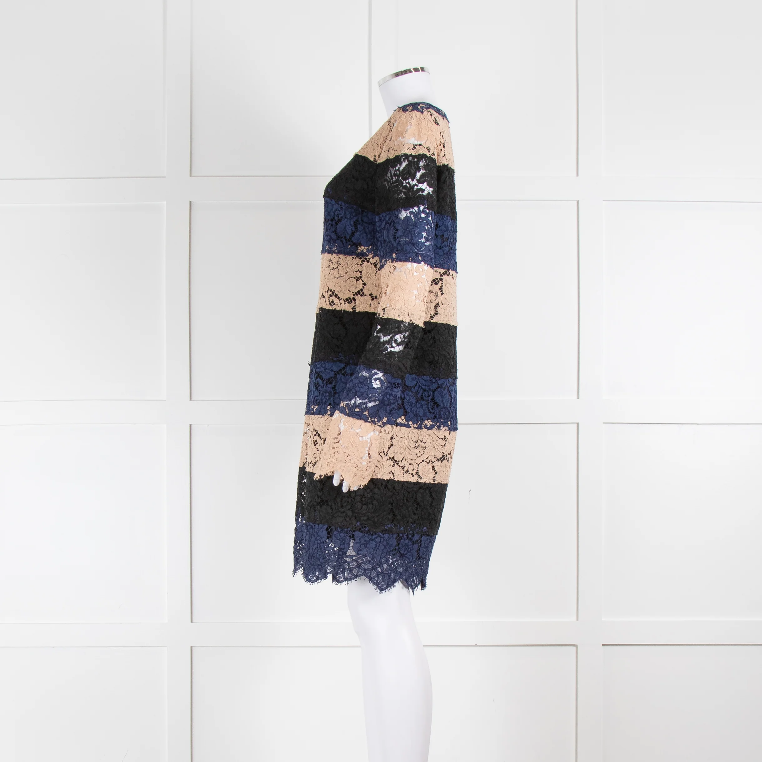 MSGM Black Beige Navy Lace Long Sleeve Dress - Image 7