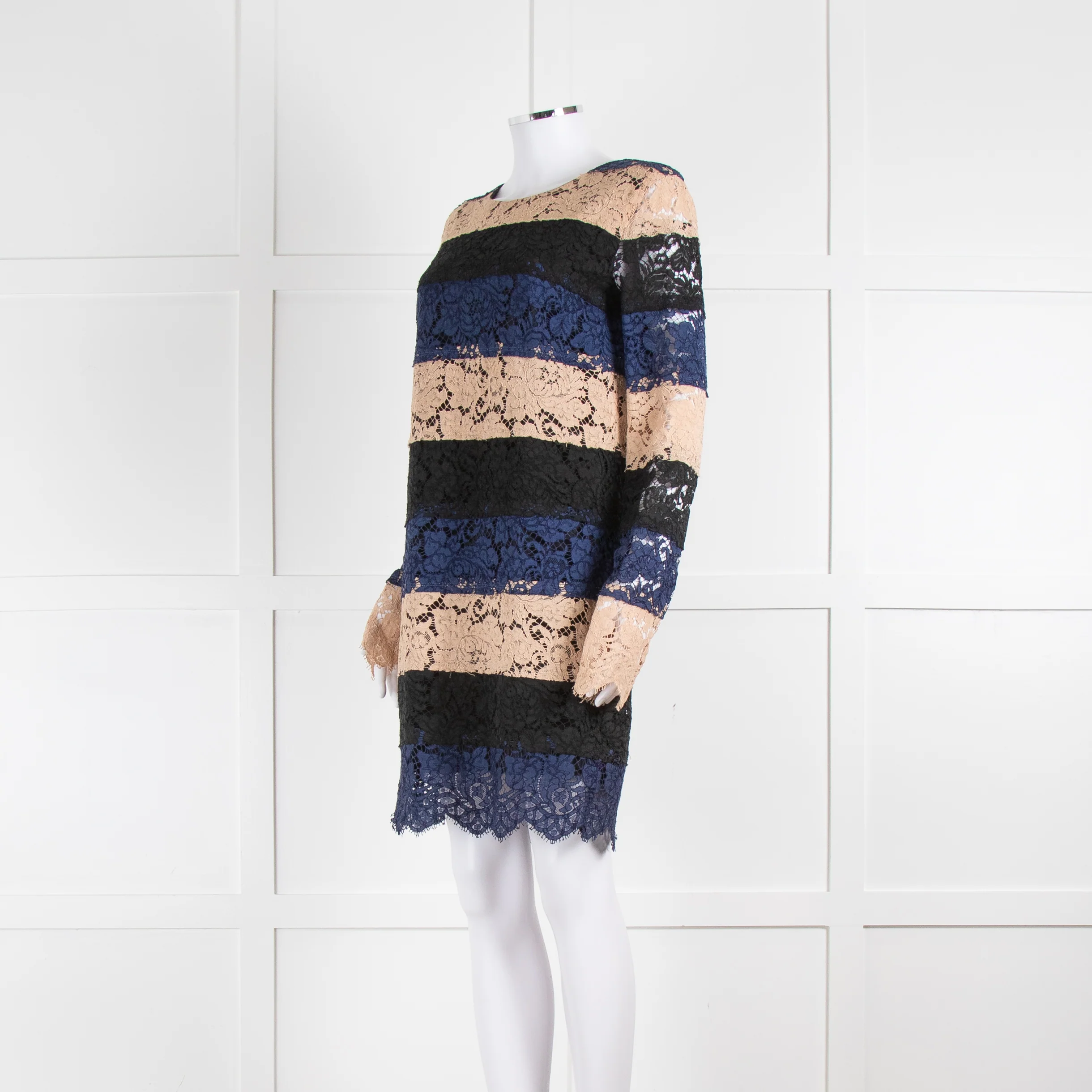 MSGM Black Beige Navy Lace Long Sleeve Dress - Image 8