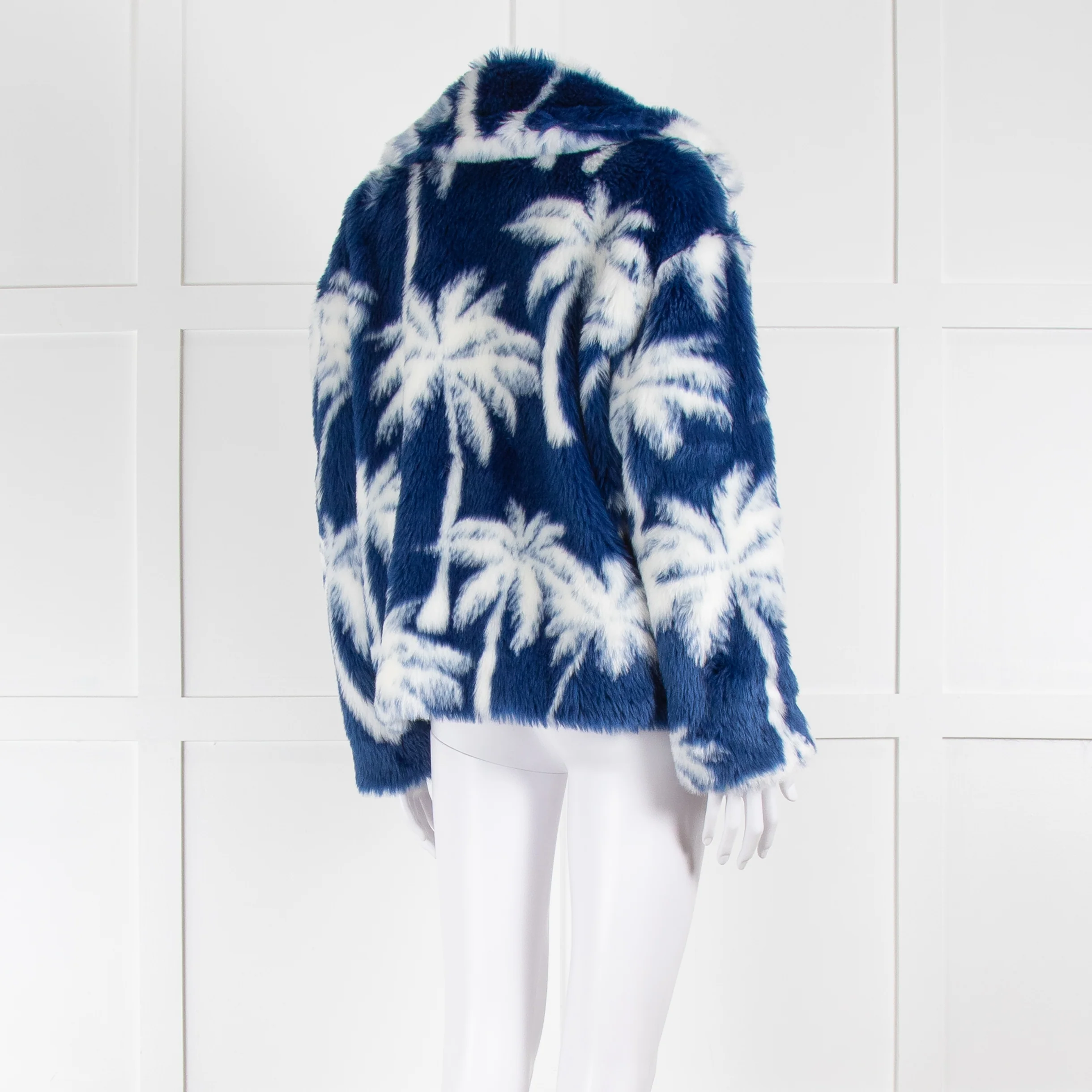 MSGM Blue White Palm Tree Faux Fur Short Jacket - Image 4