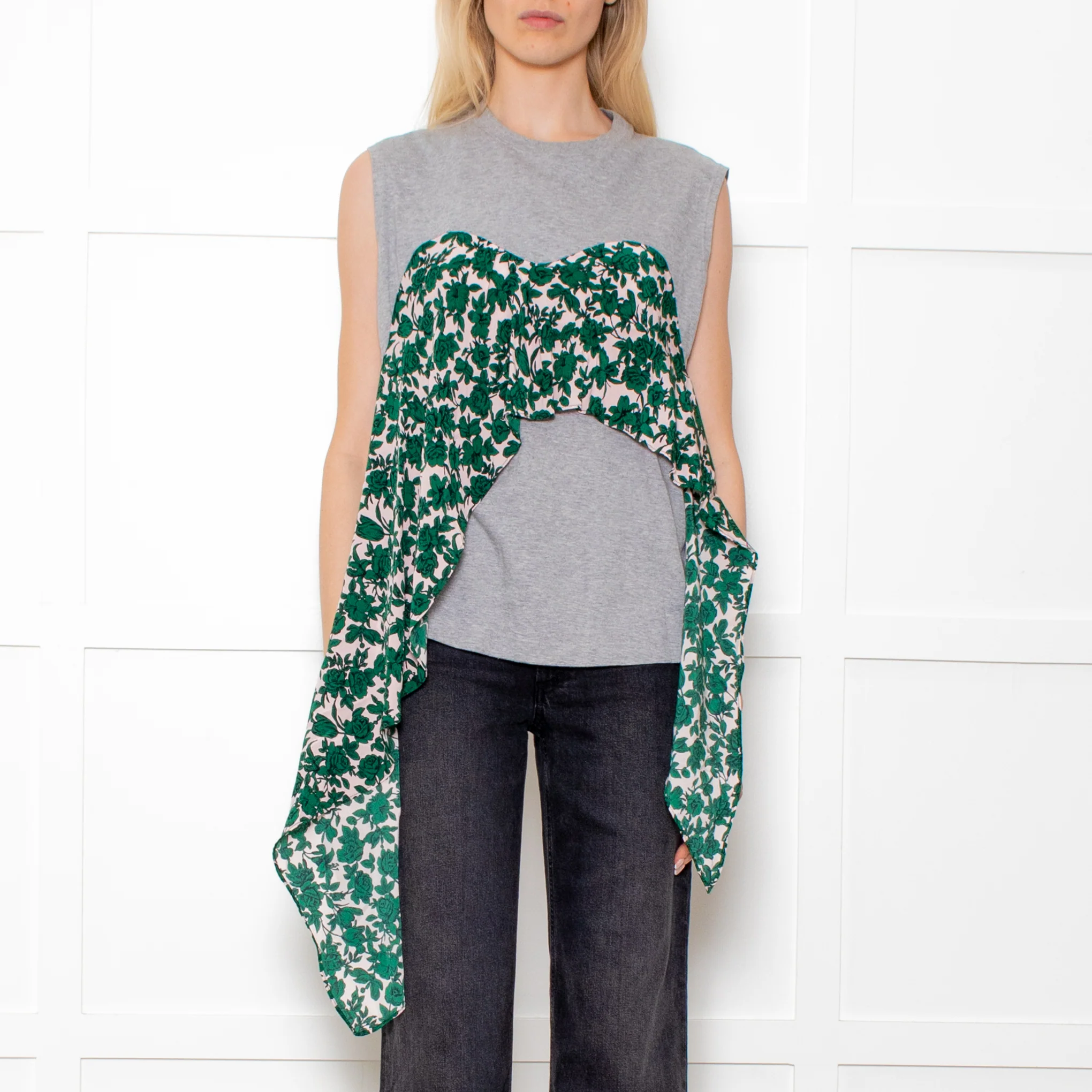 MSGM Grey Sleeveless Top With Green Floral Draping - Image 2