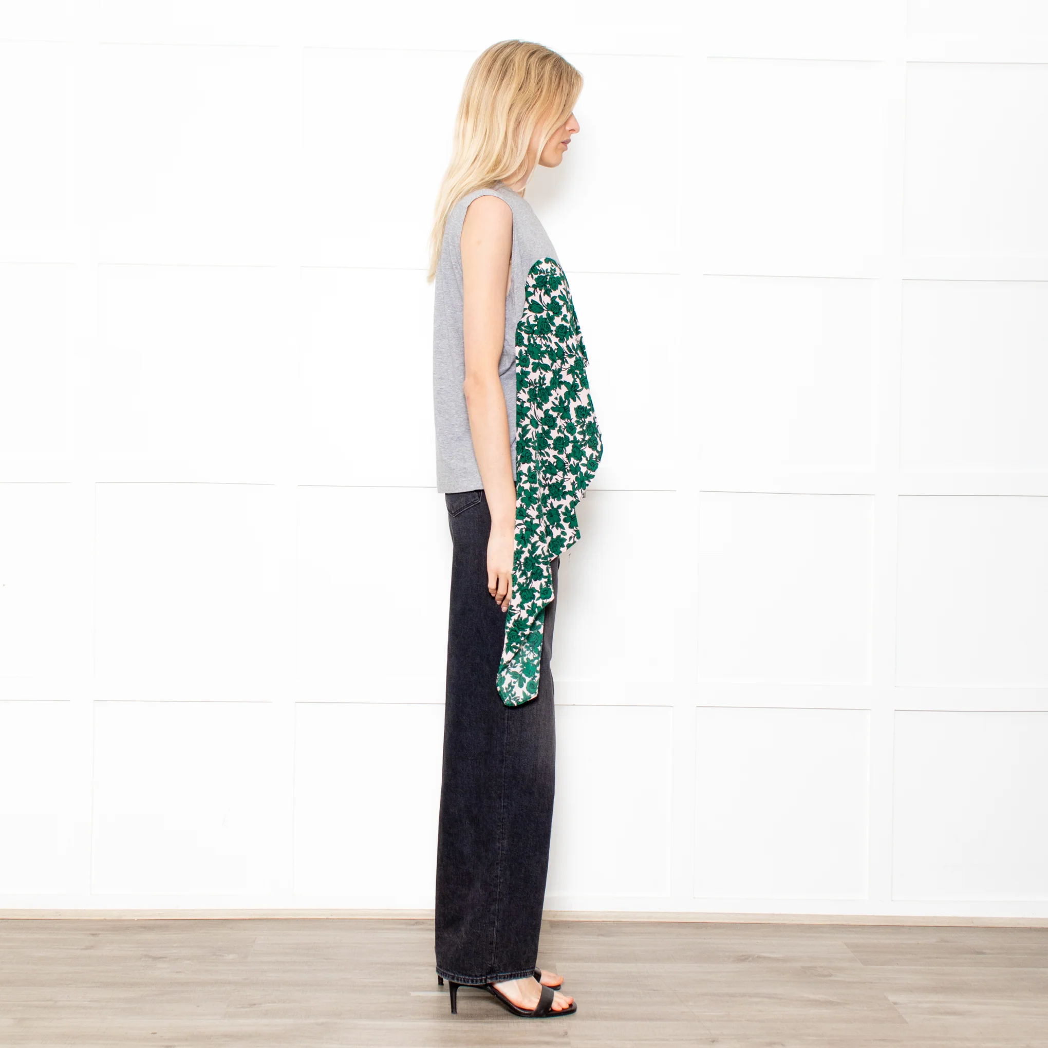MSGM Grey Sleeveless Top With Green Floral Draping - Image 6