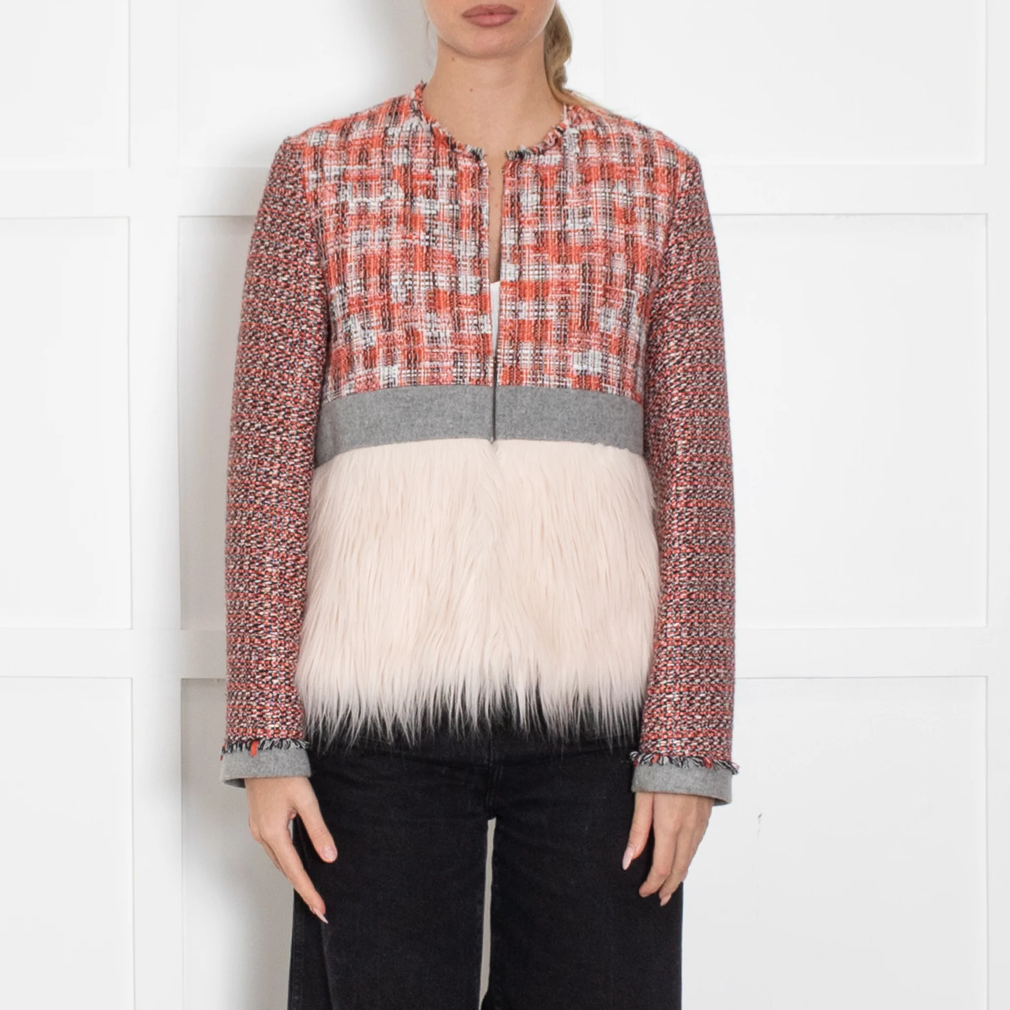 MSGM Orange Black Cream Tweedy Fux Fur Trim Jacket - Image 2