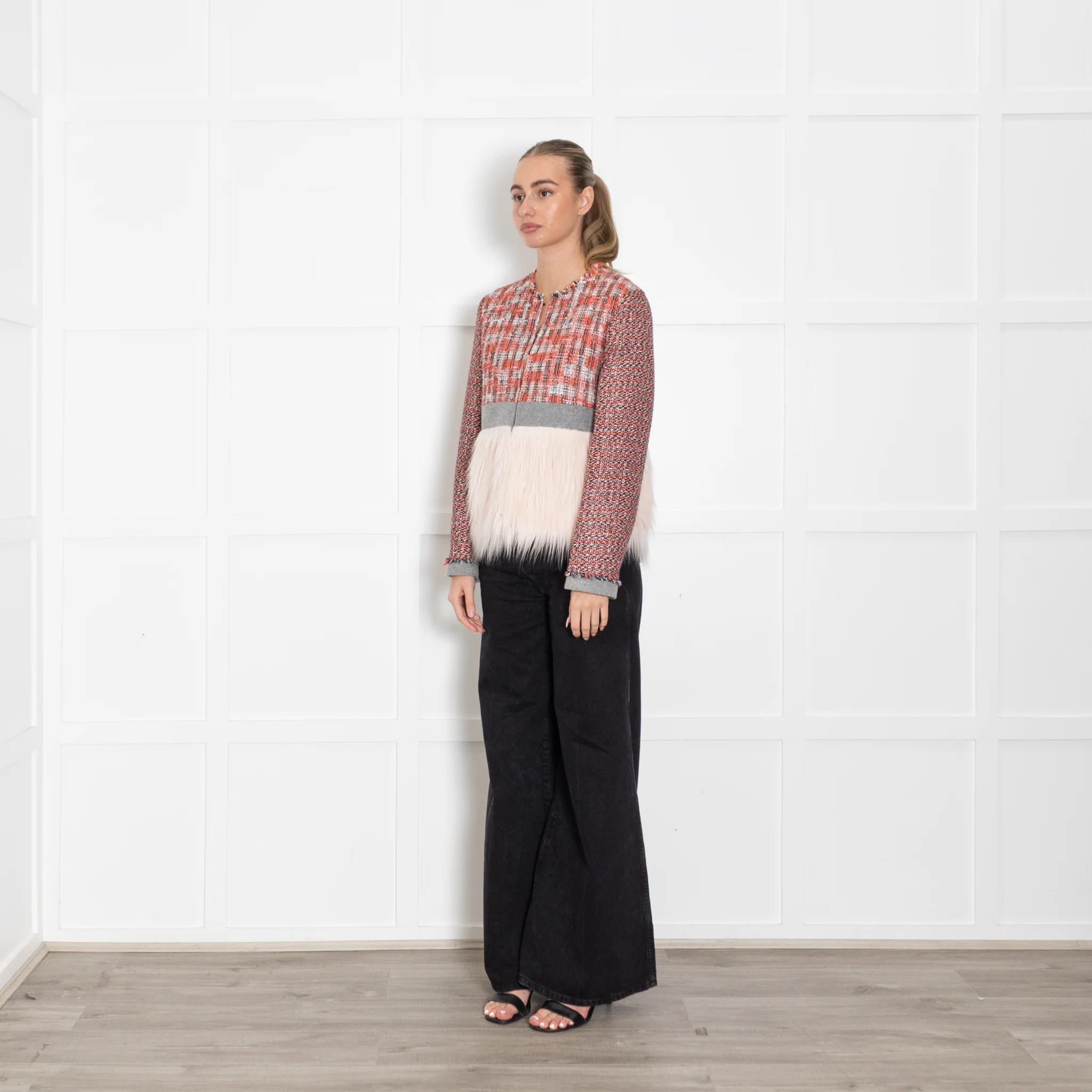 MSGM Orange Black Cream Tweedy Fux Fur Trim Jacket - Image 3