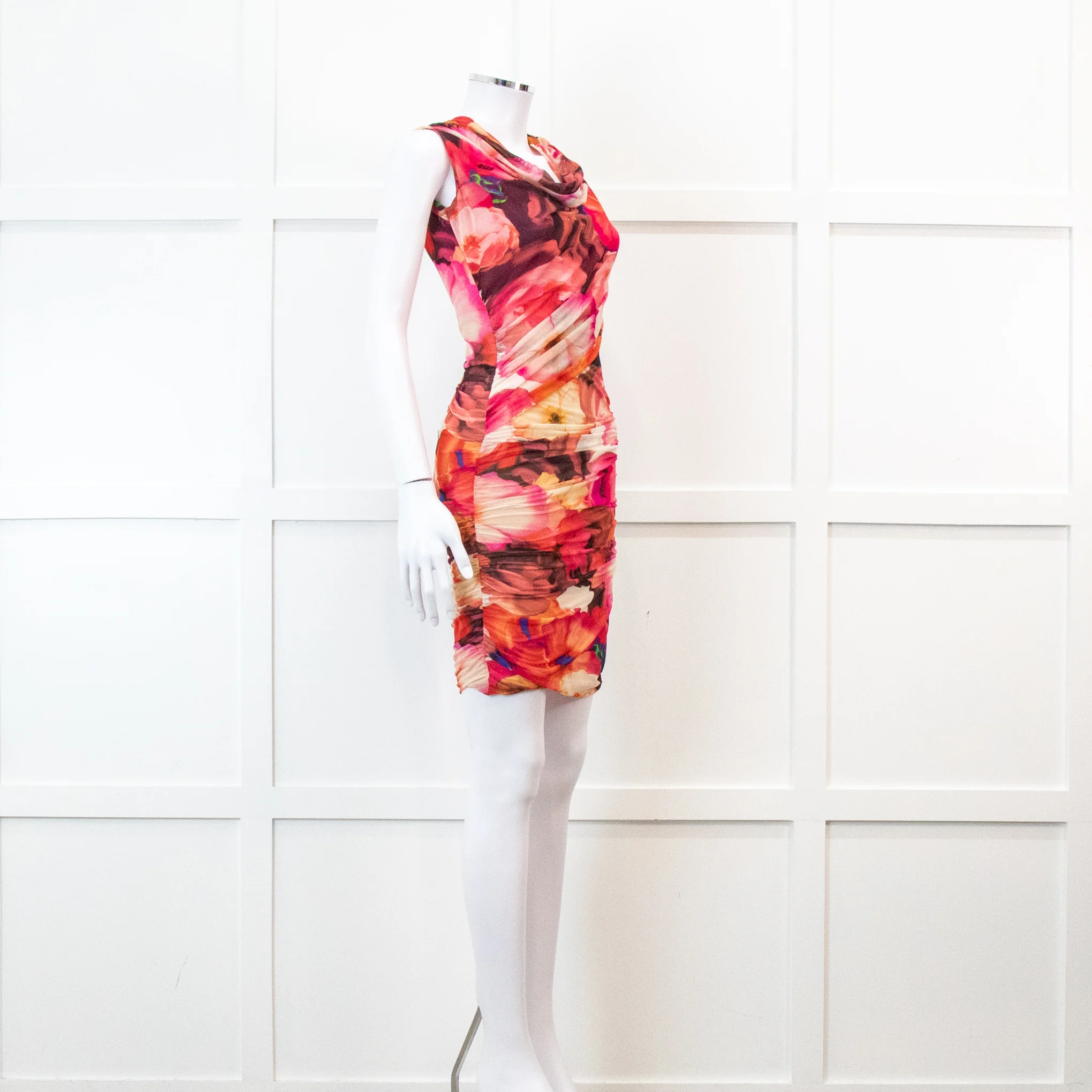MSGM Pink Floral Mesh Ruched Mini Dress - Image 2