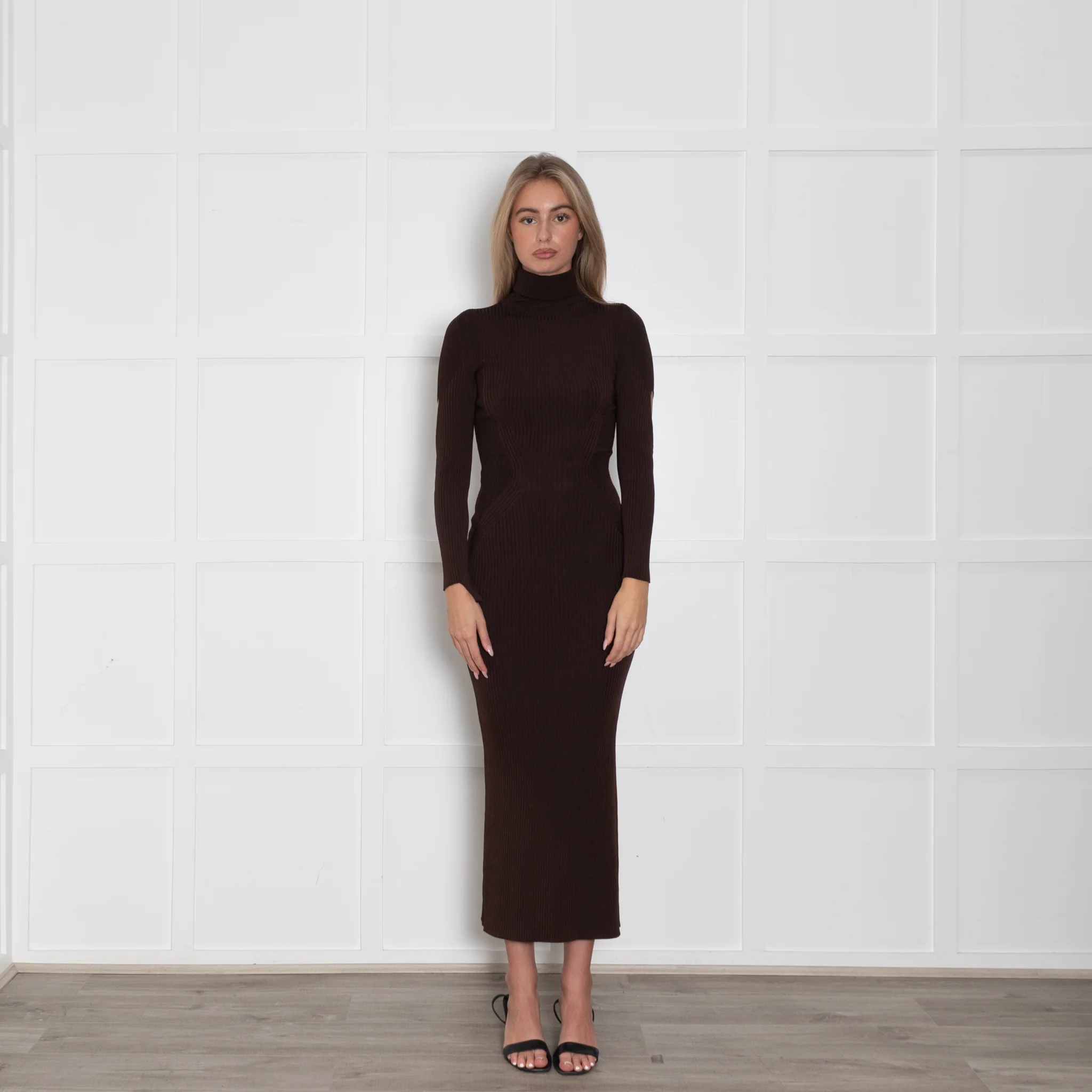 Mugler Brown Knit Rollneck Long Dress