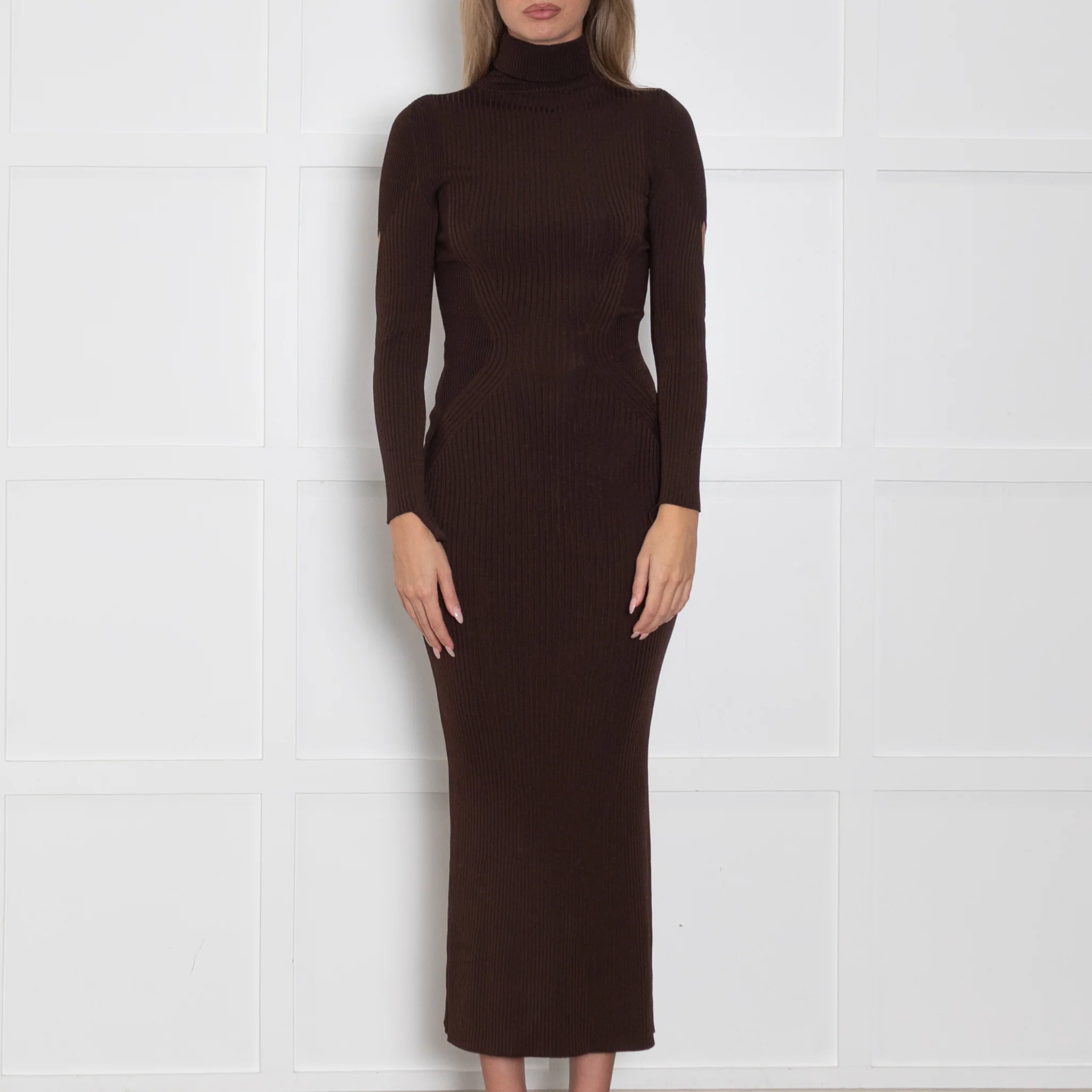 Mugler Brown Knit Rollneck Long Dress - Image 2