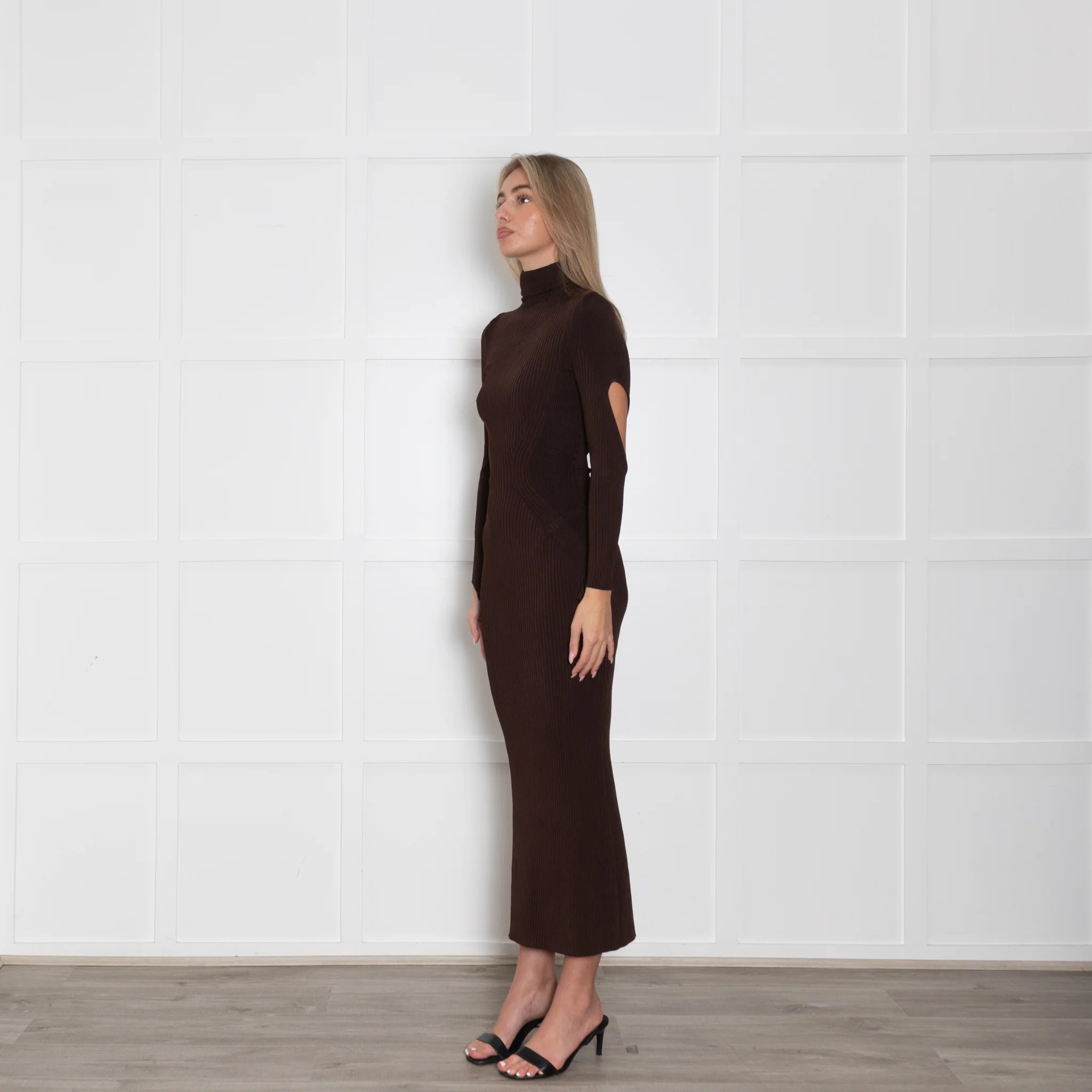 Mugler Brown Knit Rollneck Long Dress - Image 3
