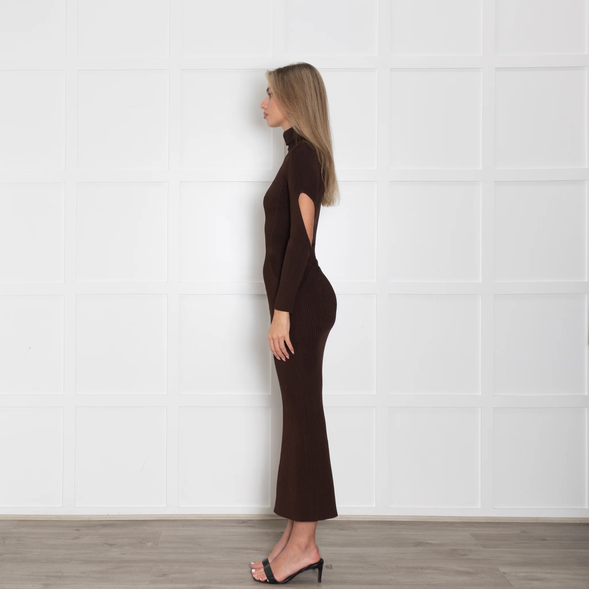 Mugler Brown Knit Rollneck Long Dress - Image 4