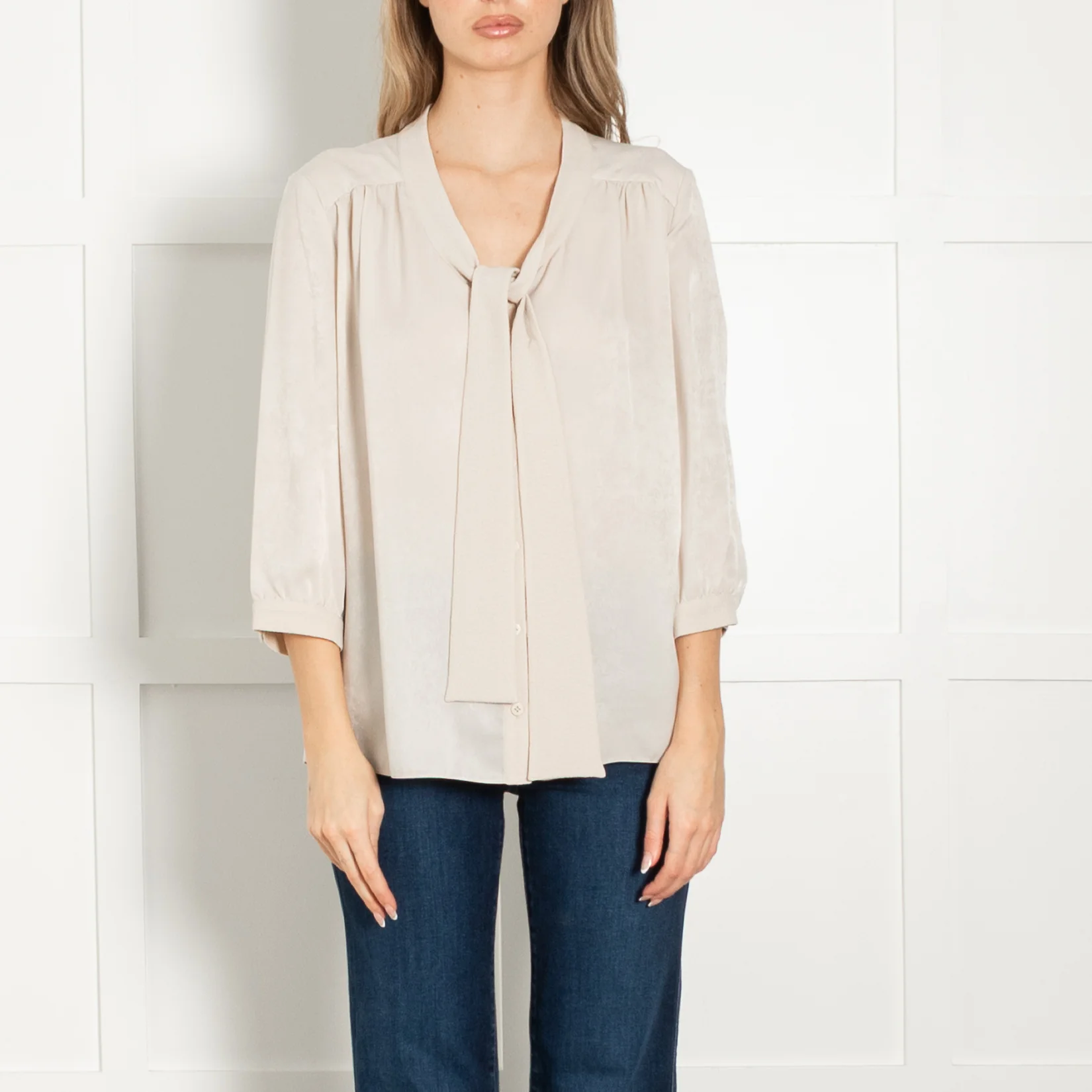Mulberry Beige Velvet Satin Bow Blouse - Image 2