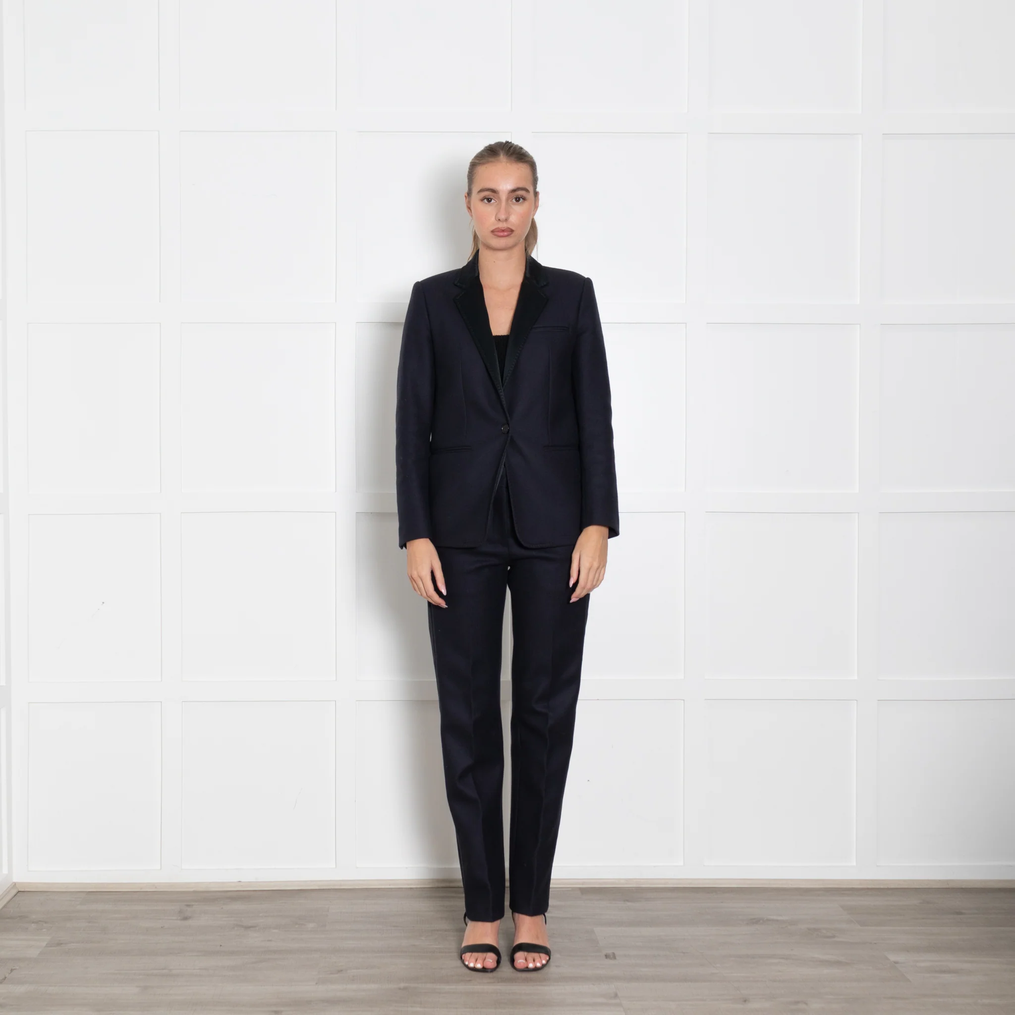 Mulberry Navy Blue Wool Blend Satin Trim Trousers Suit