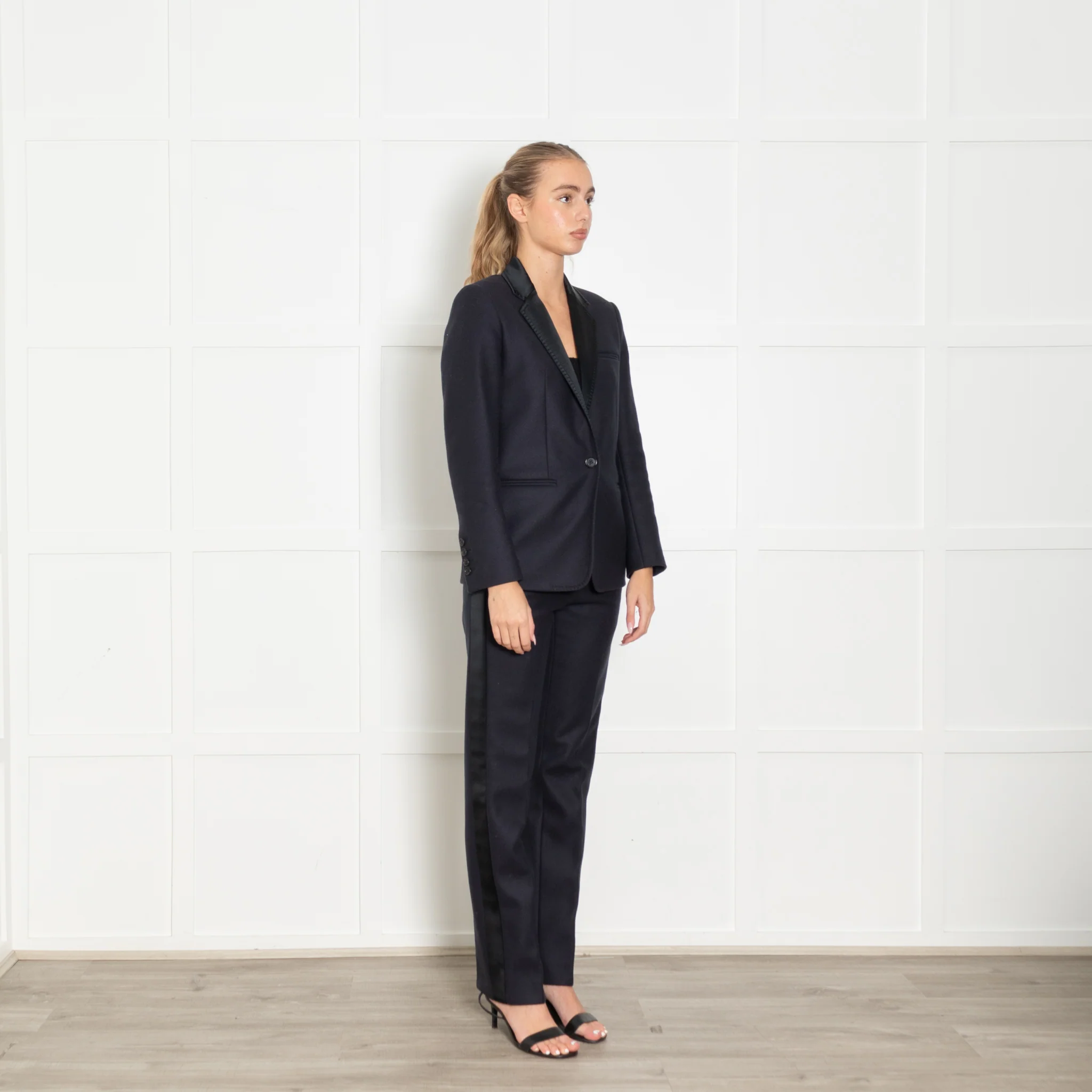 Mulberry Navy Blue Wool Blend Satin Trim Trousers Suit - Image 8