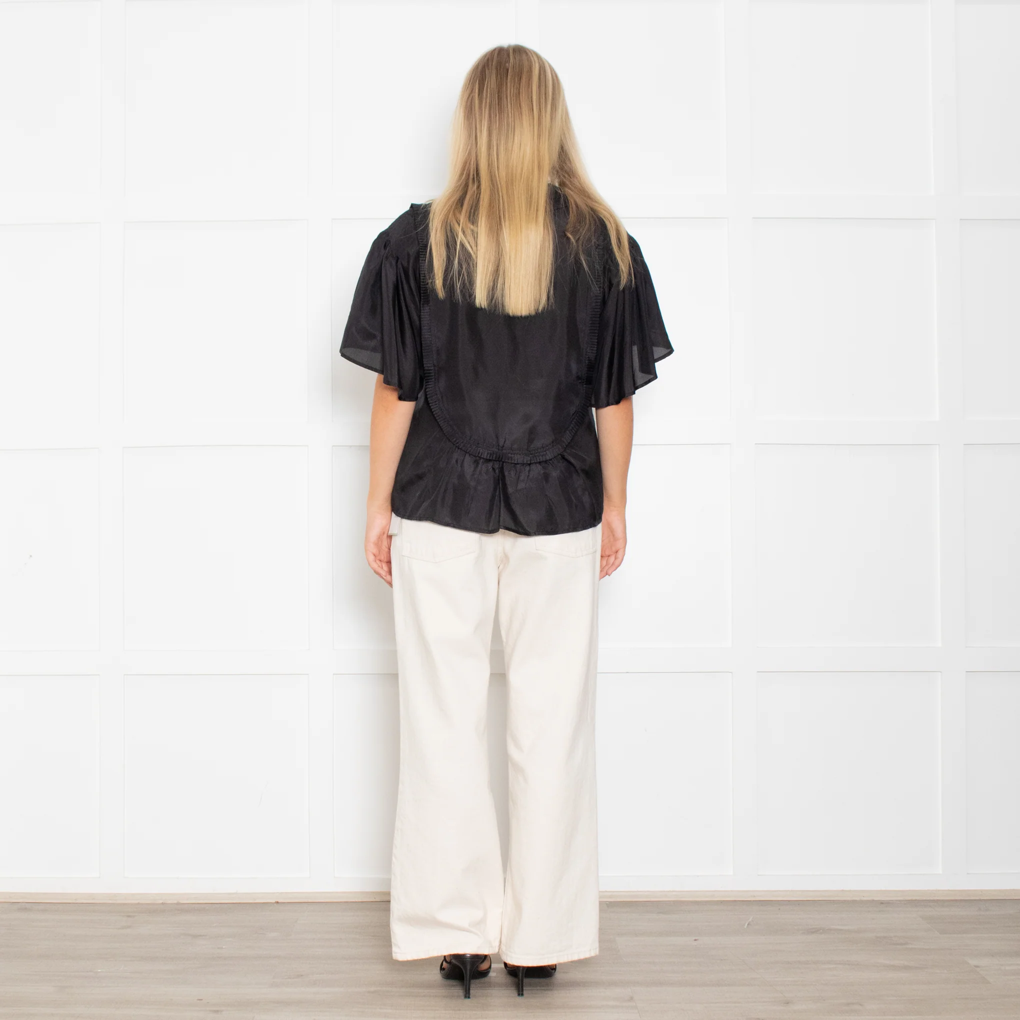 Munthe Black Silk Top With Exaggerated Collar And Pleated Bib Front - Image 5