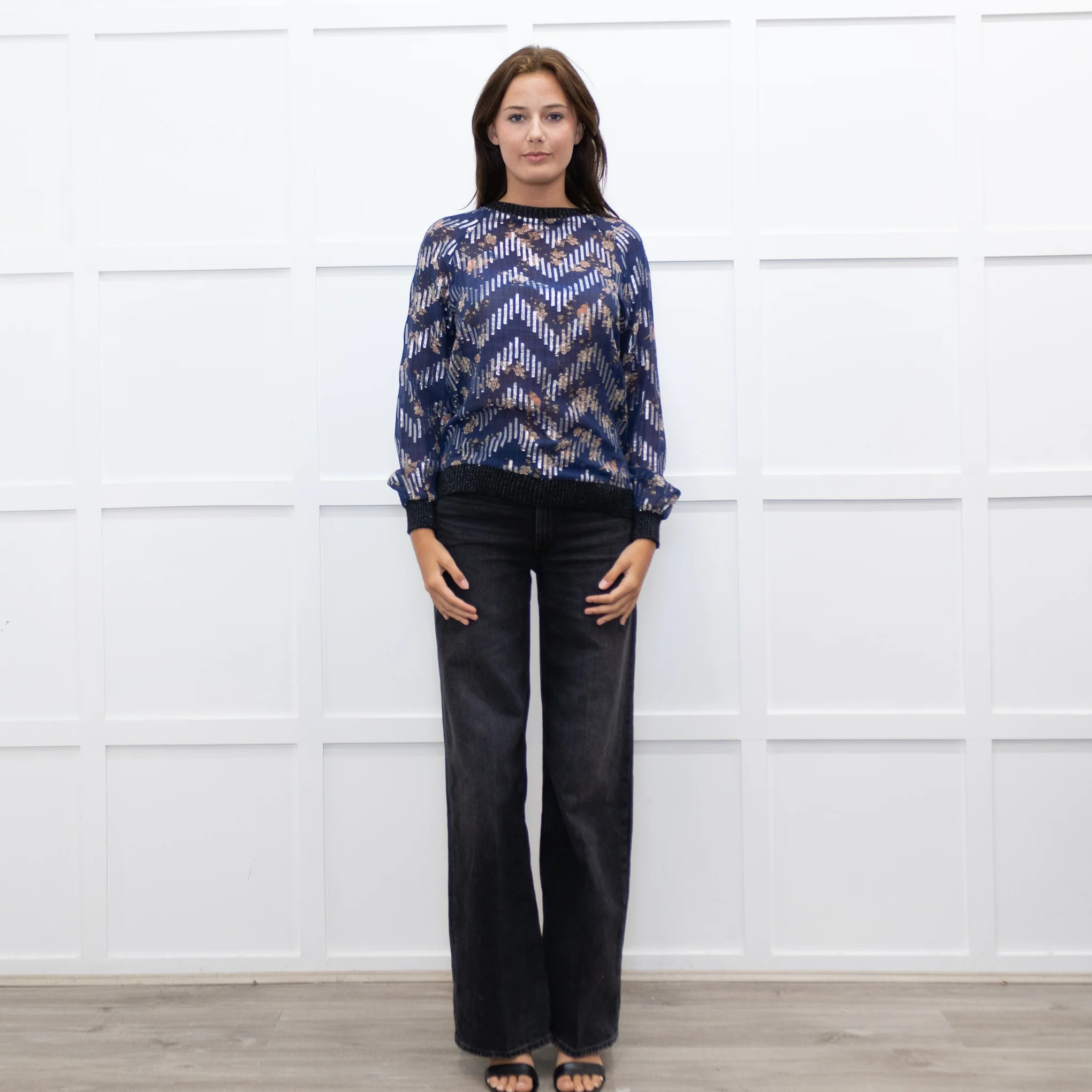 Munthe Blue Cream Floral Silver Lurex Black Knitted Trim Top