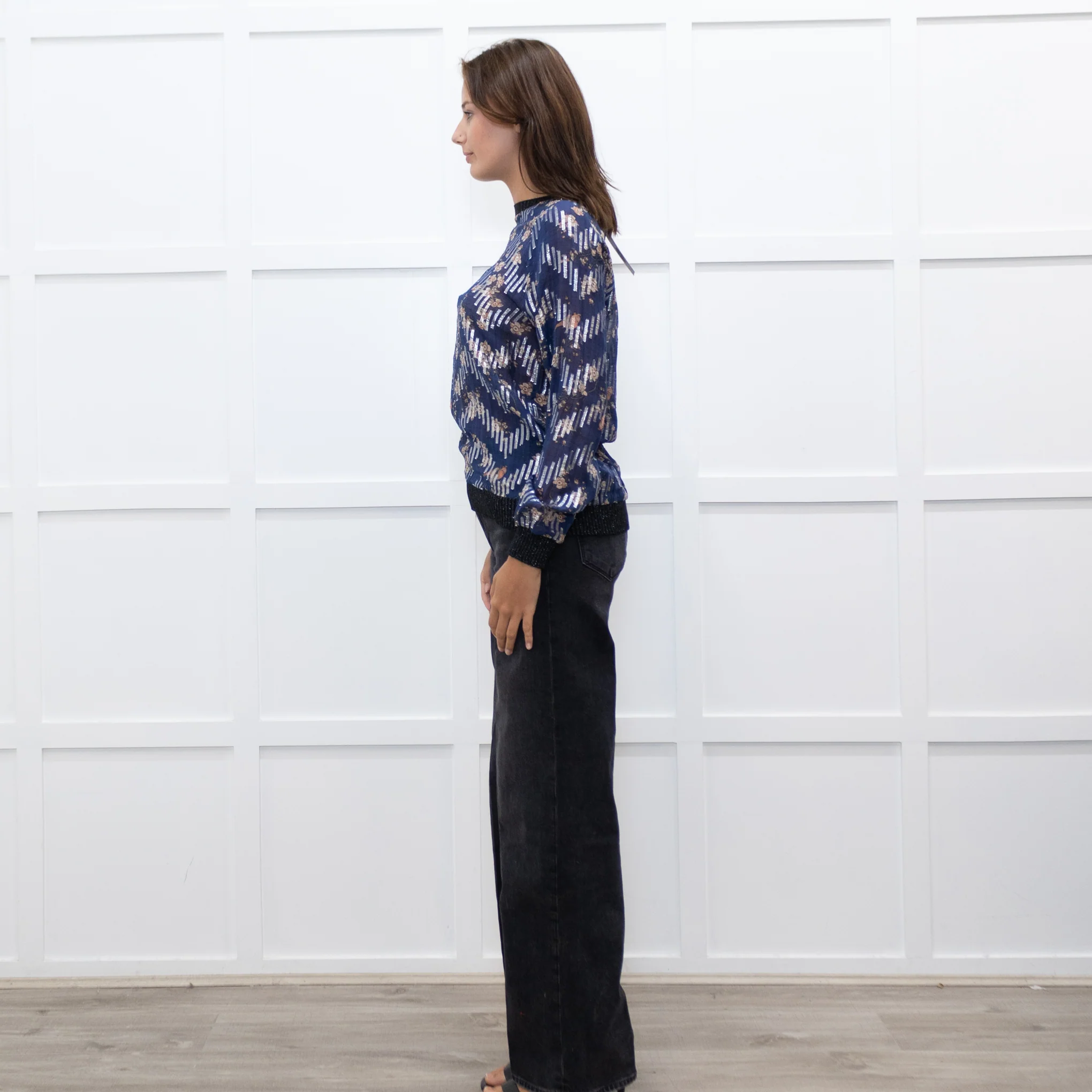Munthe Blue Cream Floral Silver Lurex Black Knitted Trim Top - Image 4