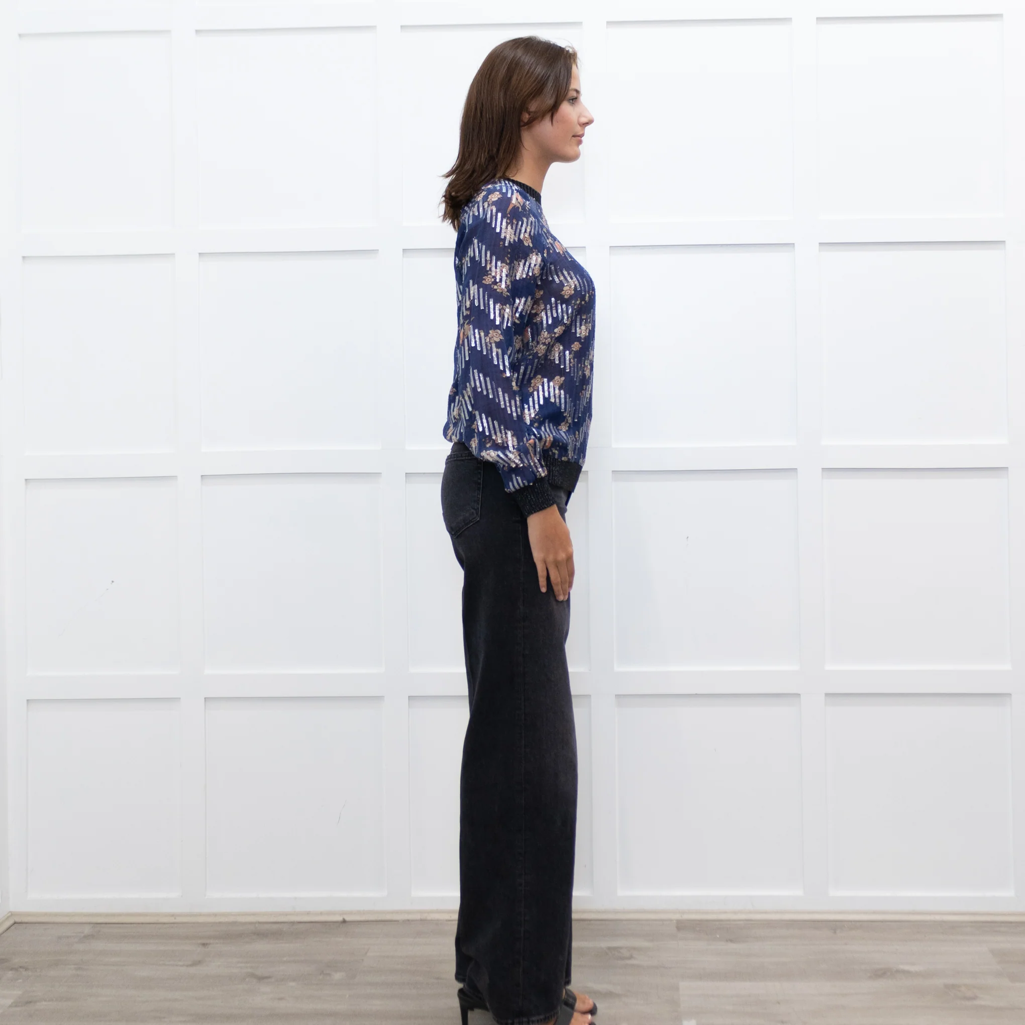 Munthe Blue Cream Floral Silver Lurex Black Knitted Trim Top - Image 6