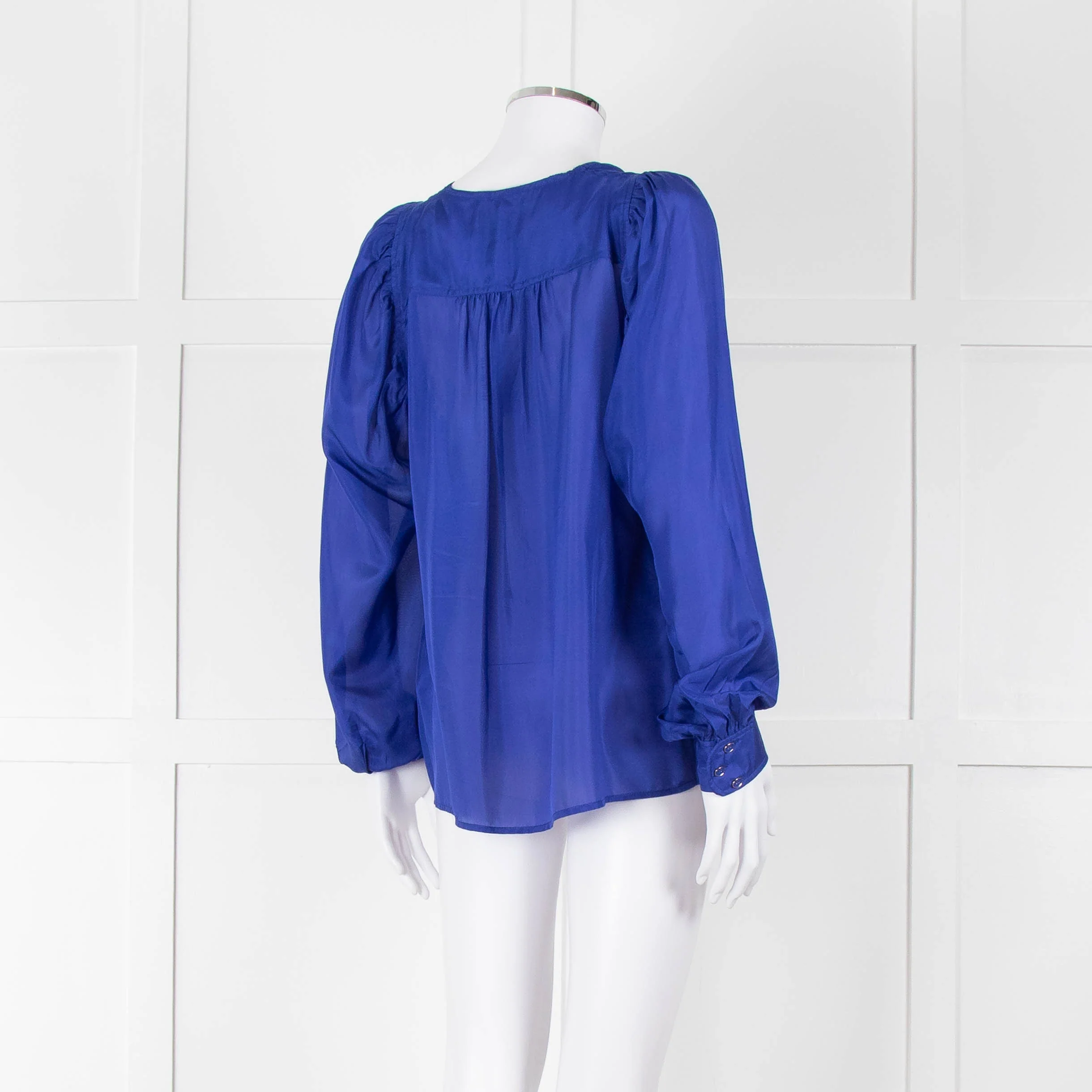 Munthe Blue Silk Blouse With Bib Front & Ties - Image 4