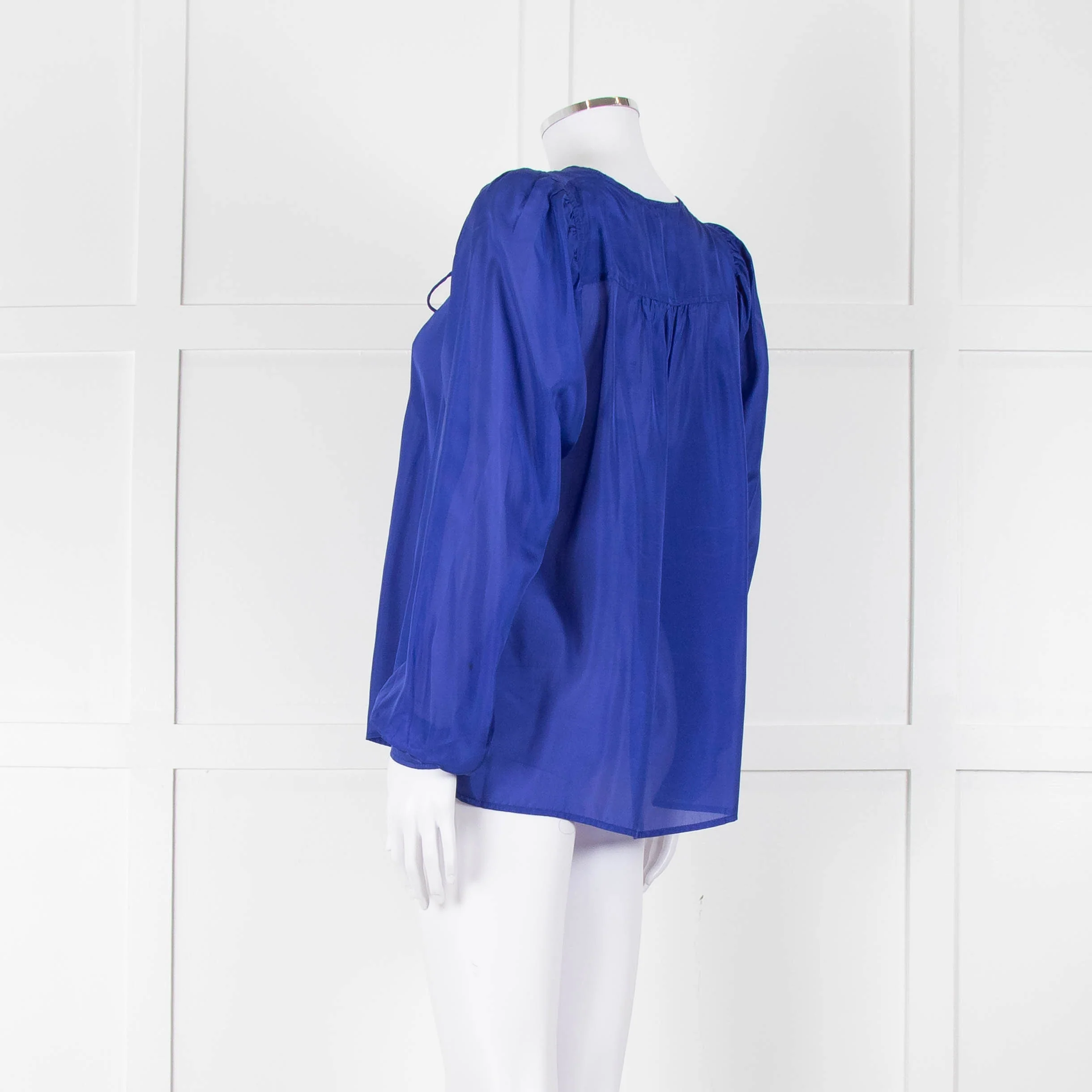 Munthe Blue Silk Blouse With Bib Front & Ties - Image 6