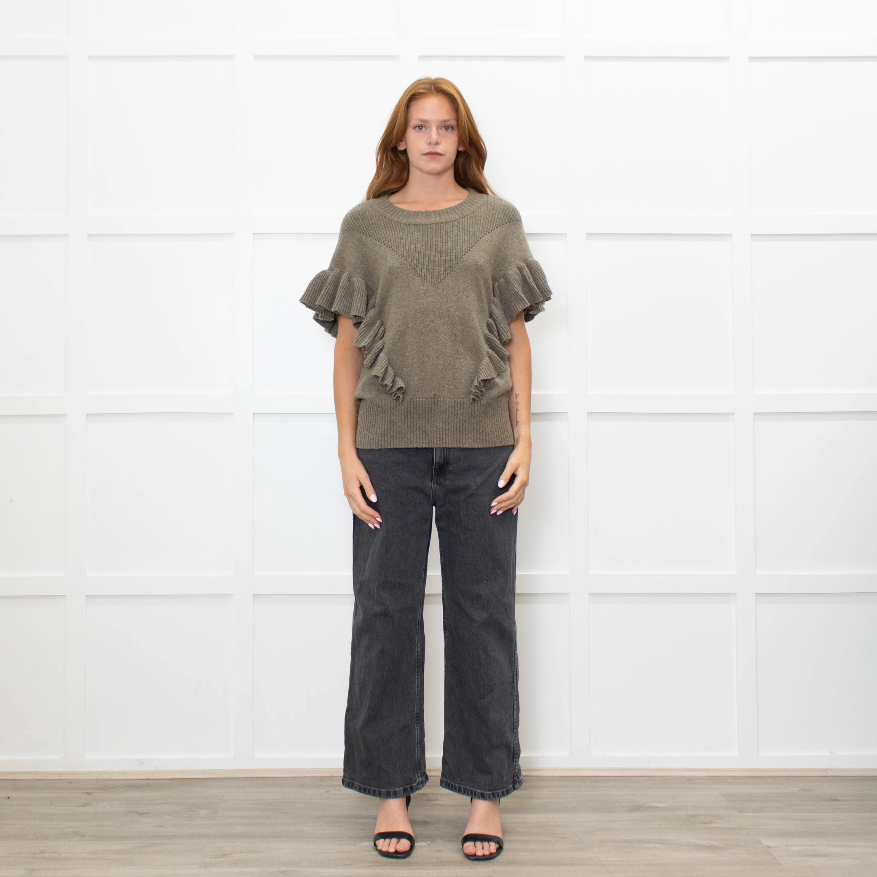 Munthe Khaki Frill Front Knitted Vest