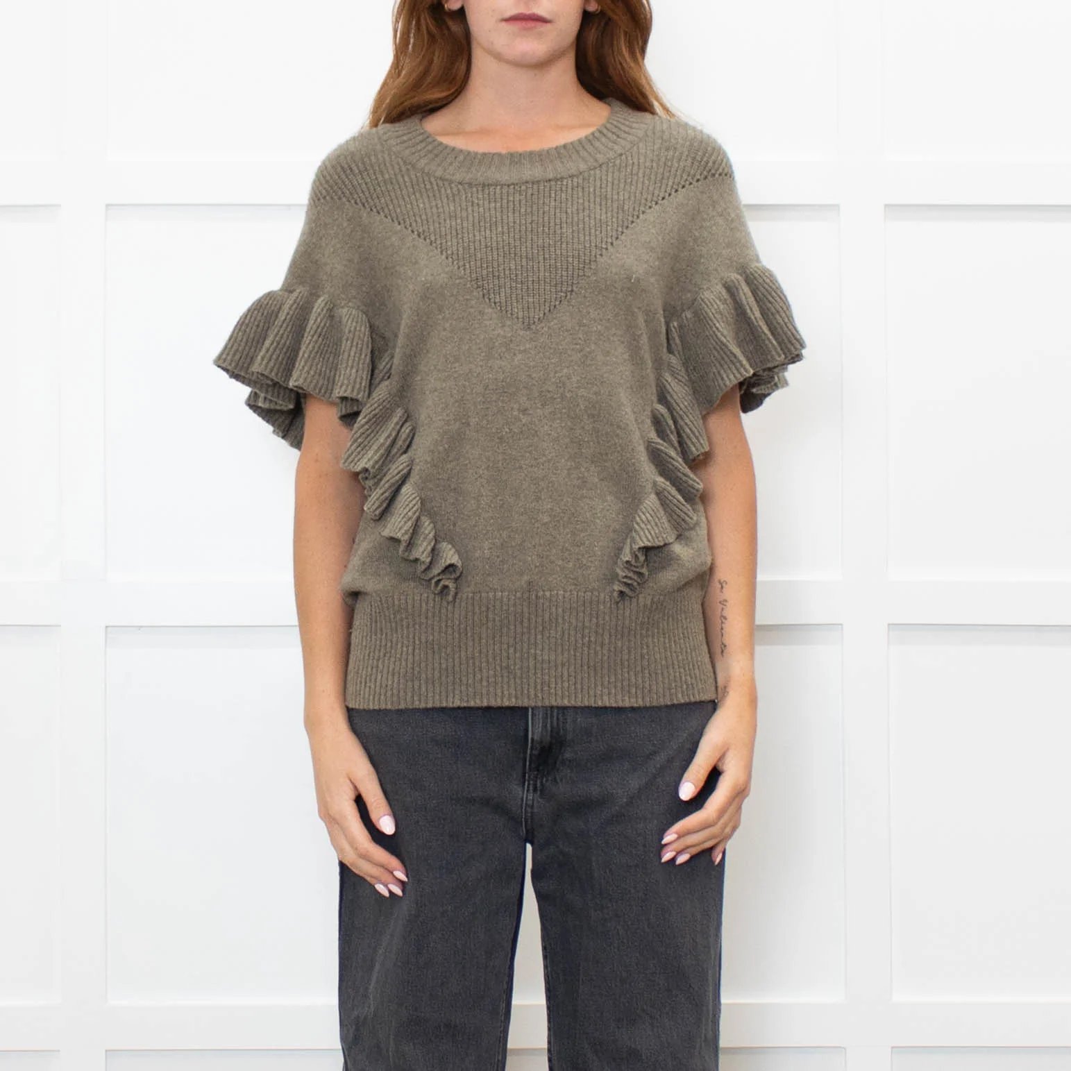 Munthe Khaki Frill Front Knitted Vest - Image 2