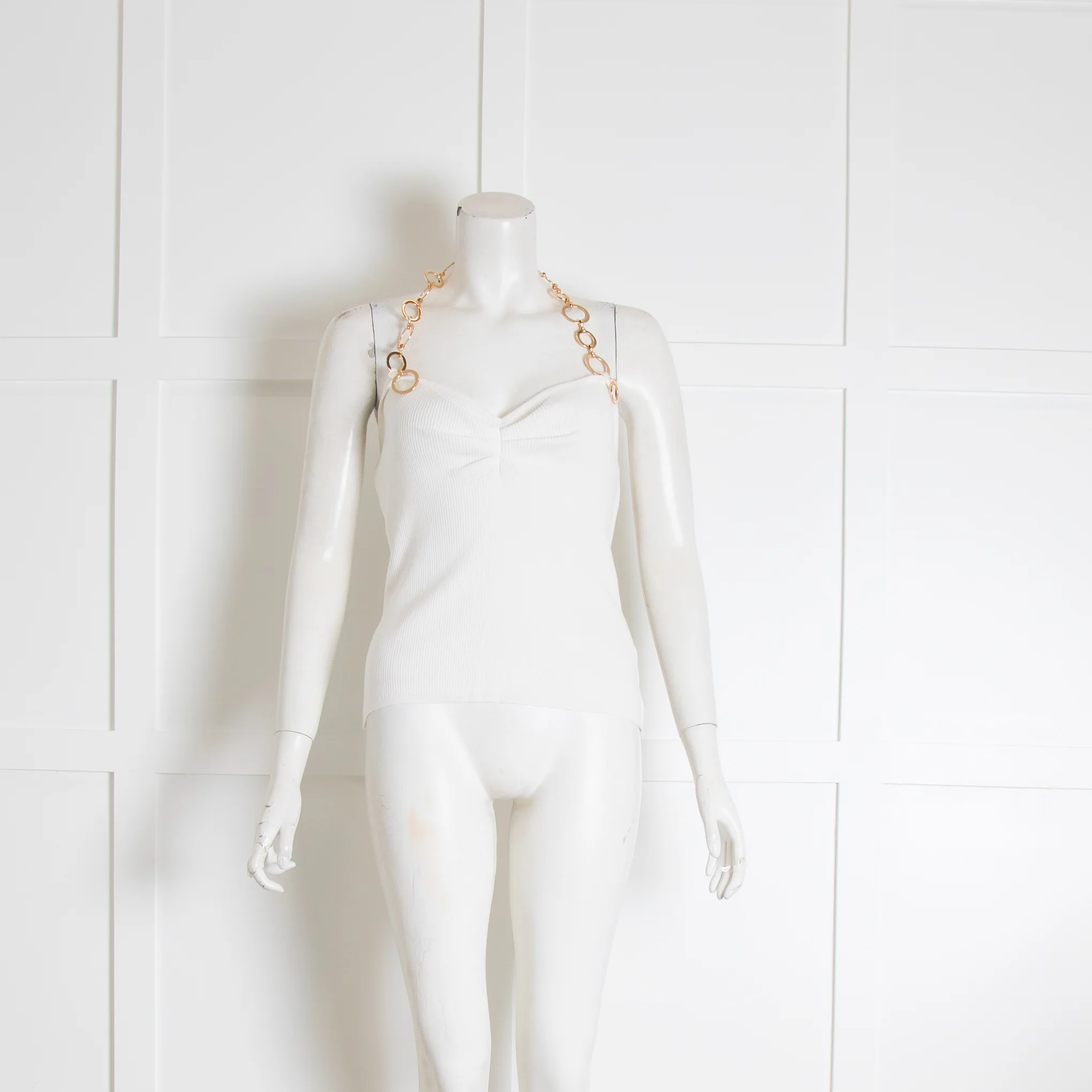 Musier White Ribbed Top with Gold Chain Neck Detail