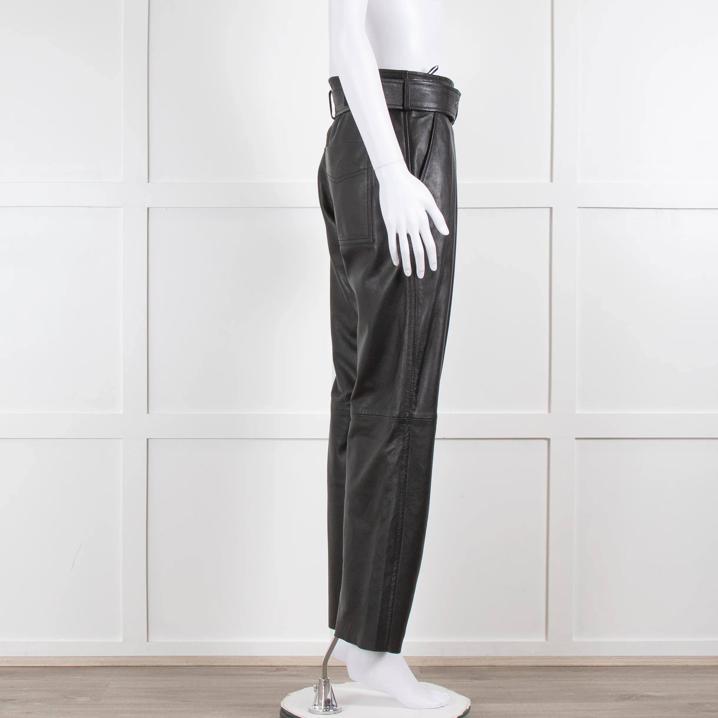 Muubaa Black Leather Straight Leg Trousers with Belt Waist - Image 2