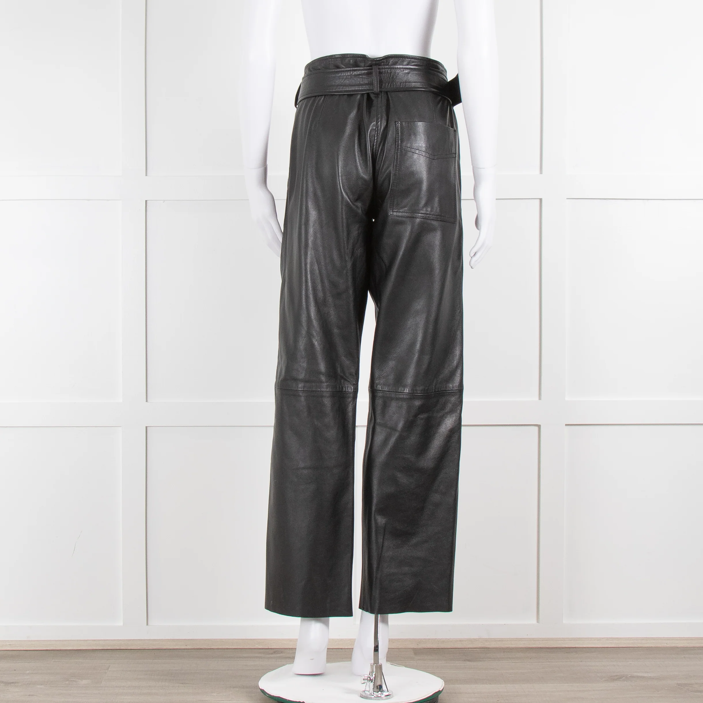 Muubaa Black Leather Straight Leg Trousers with Belt Waist - Image 3