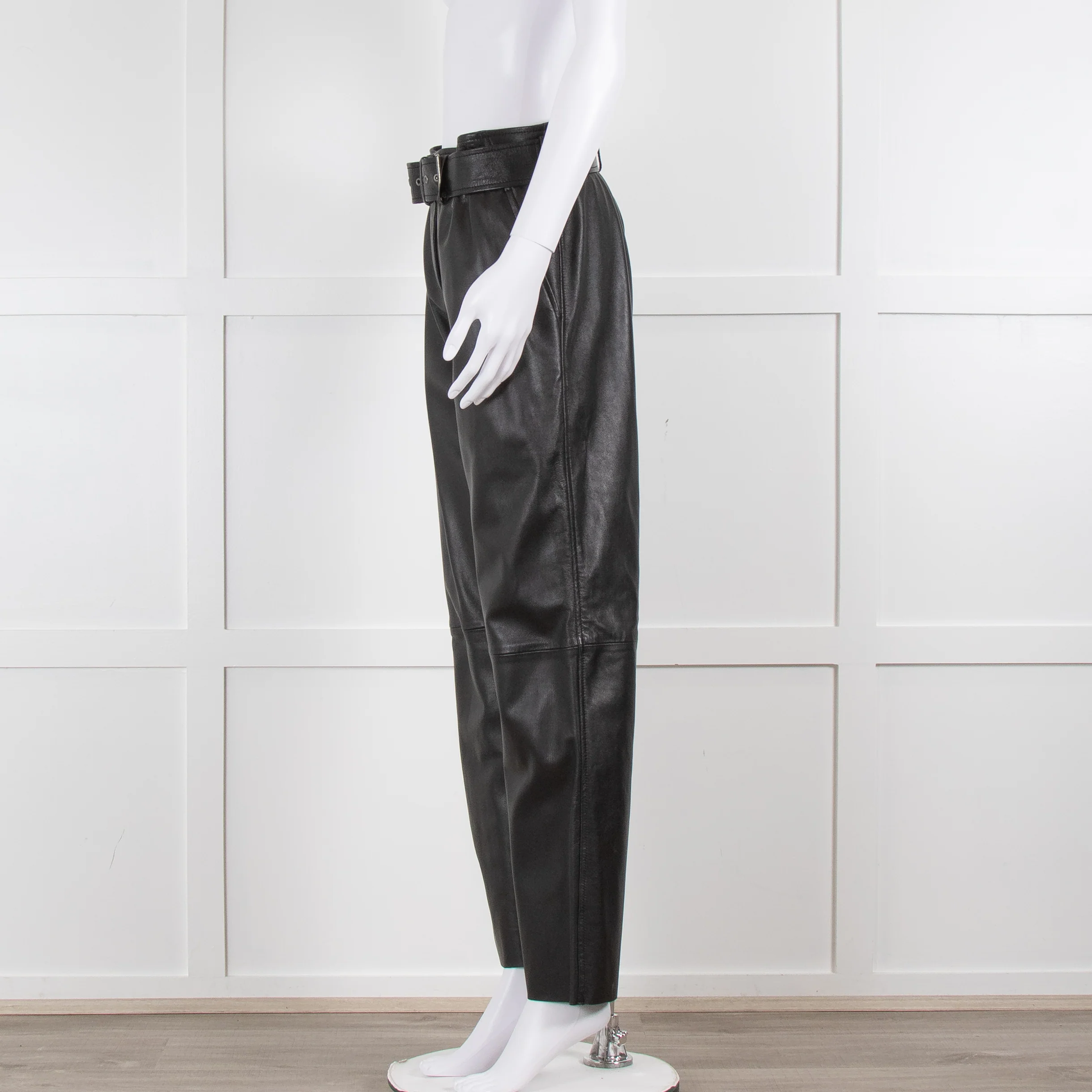 Muubaa Black Leather Straight Leg Trousers with Belt Waist - Image 4