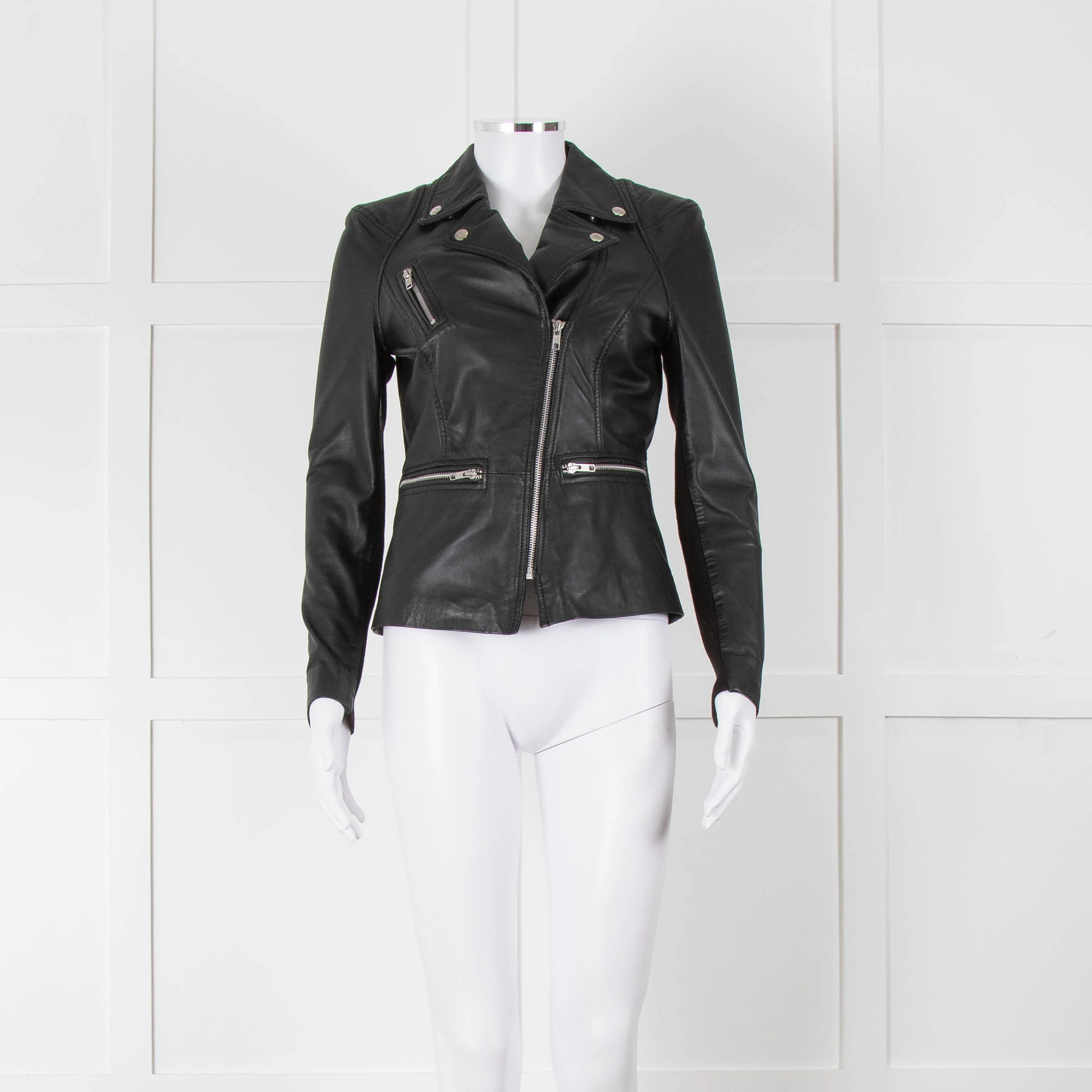 Muubaa Black Leather Knit Panel Sleeve Biker Jacket