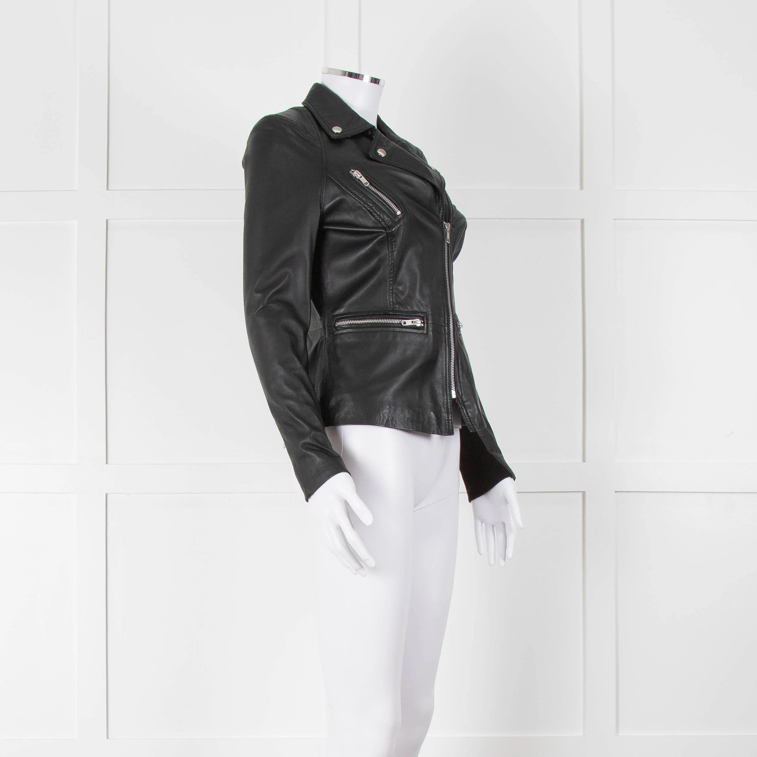 Muubaa Black Leather Knit Panel Sleeve Biker Jacket - Image 2