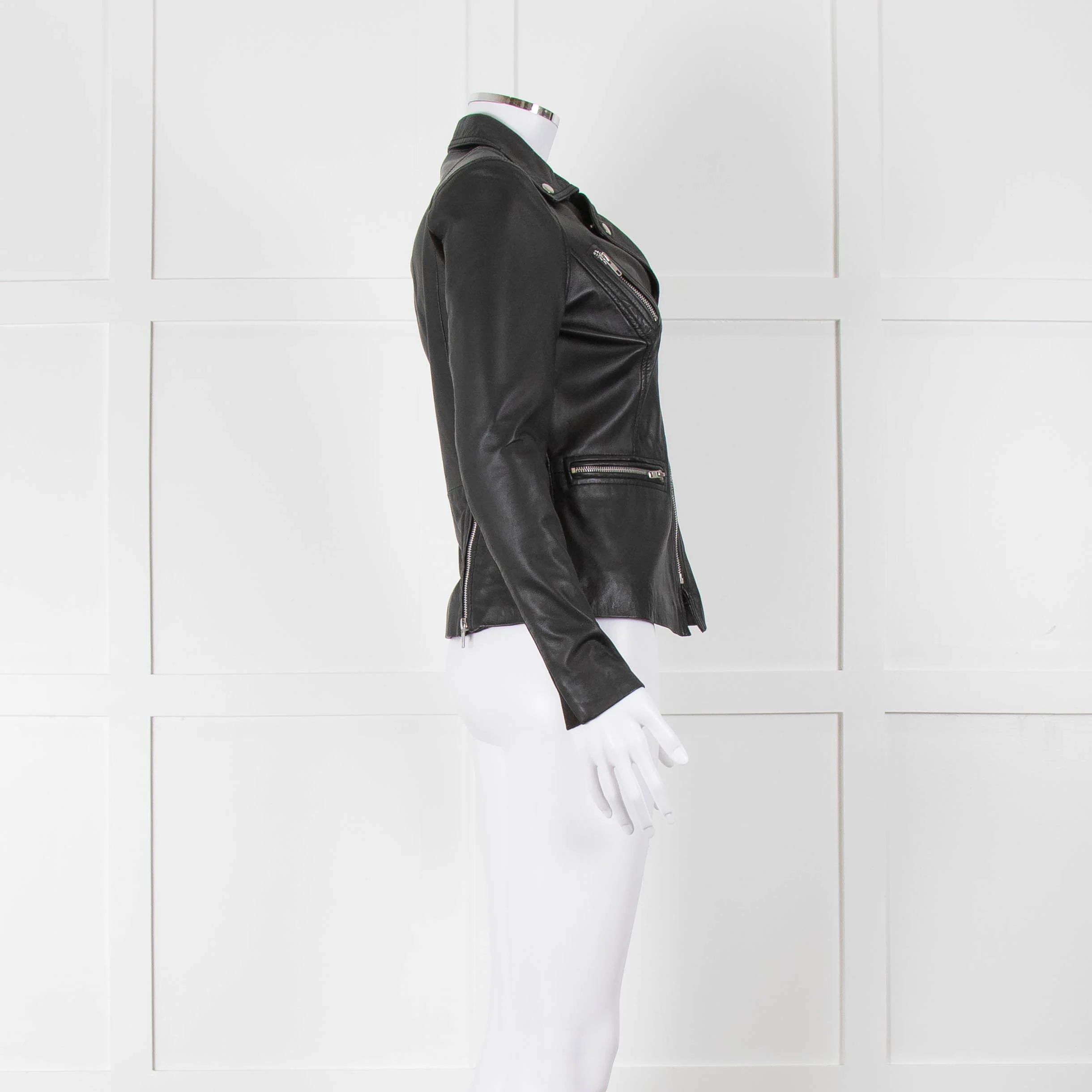 Muubaa Black Leather Knit Panel Sleeve Biker Jacket - Image 3