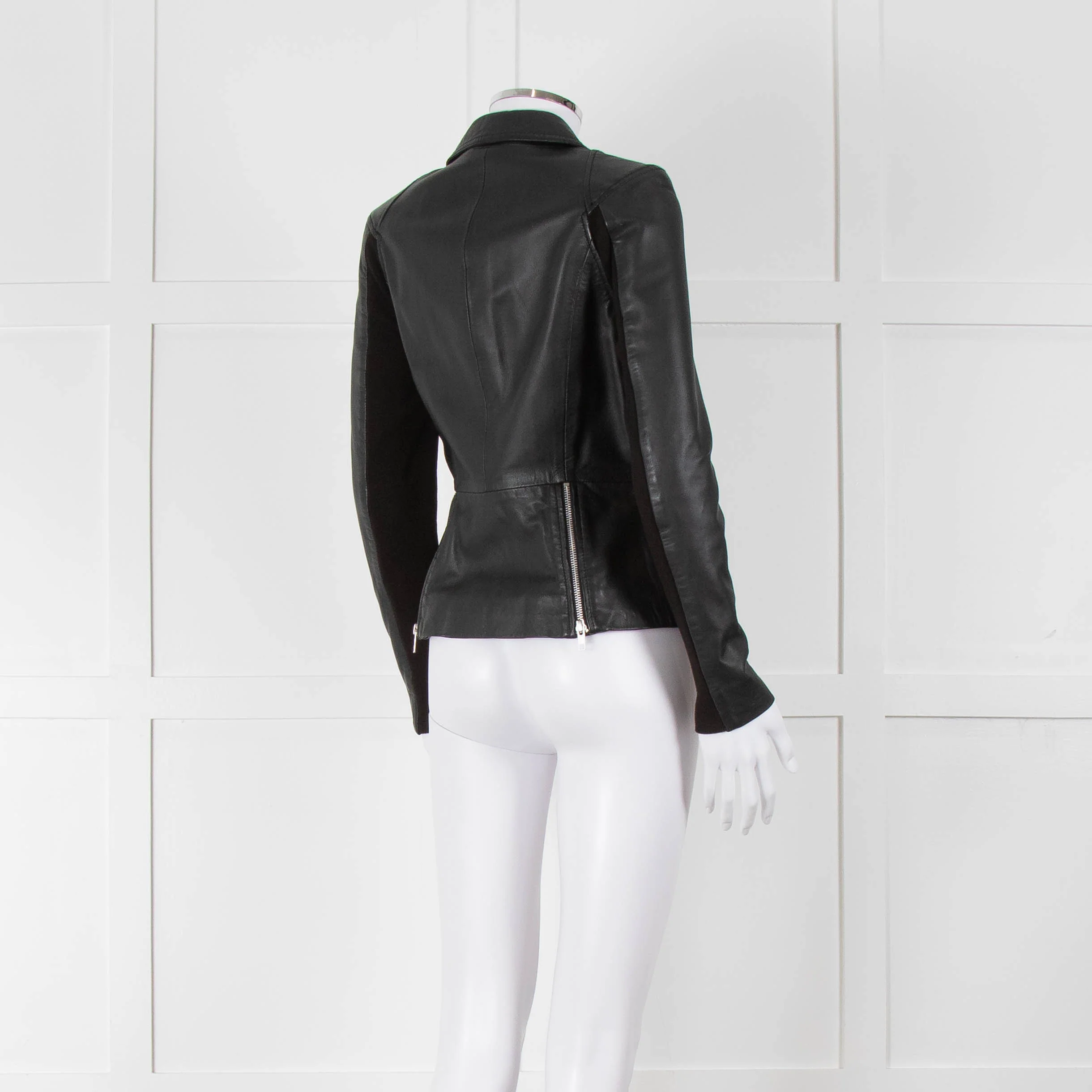 Muubaa Black Leather Knit Panel Sleeve Biker Jacket - Image 4