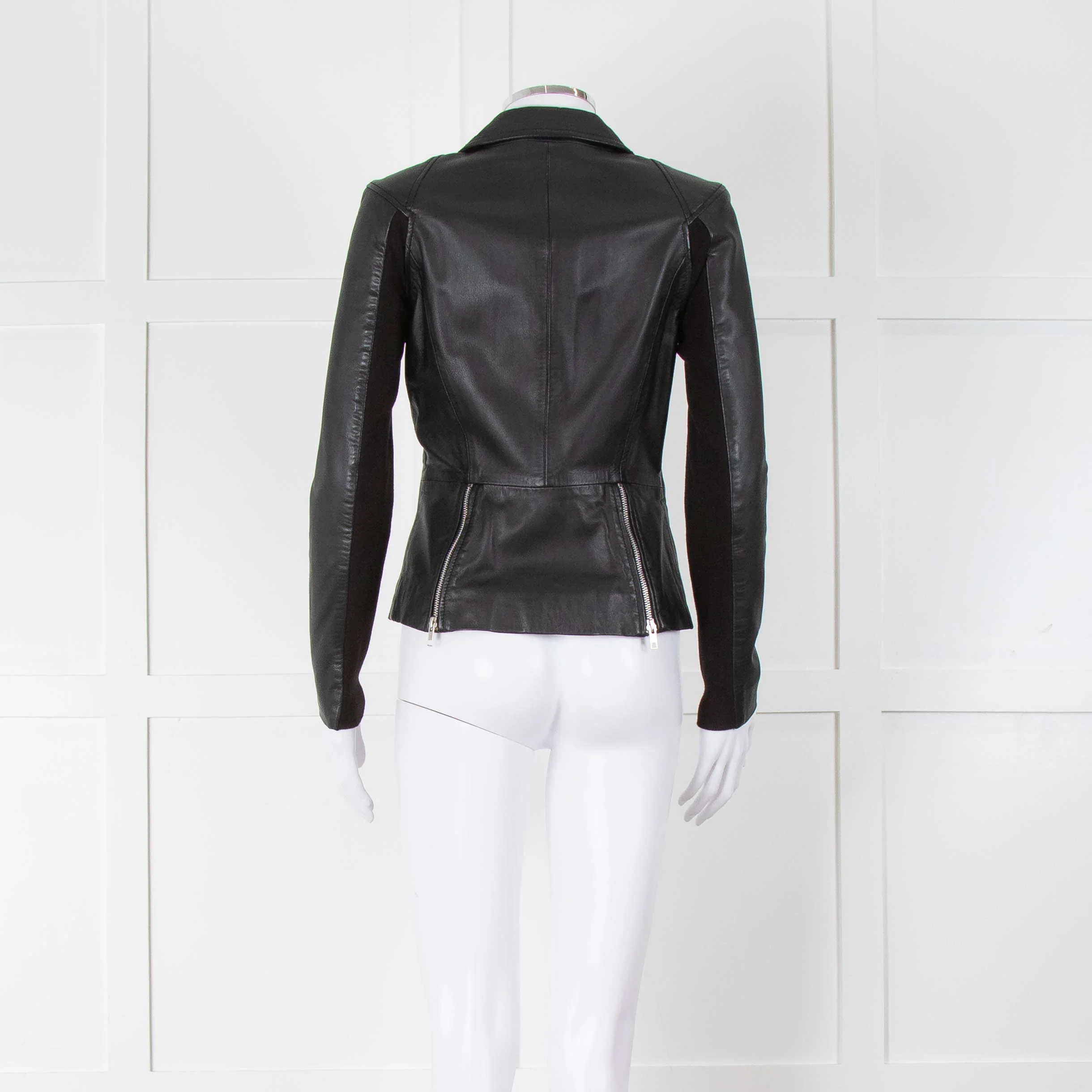 Muubaa Black Leather Knit Panel Sleeve Biker Jacket - Image 5
