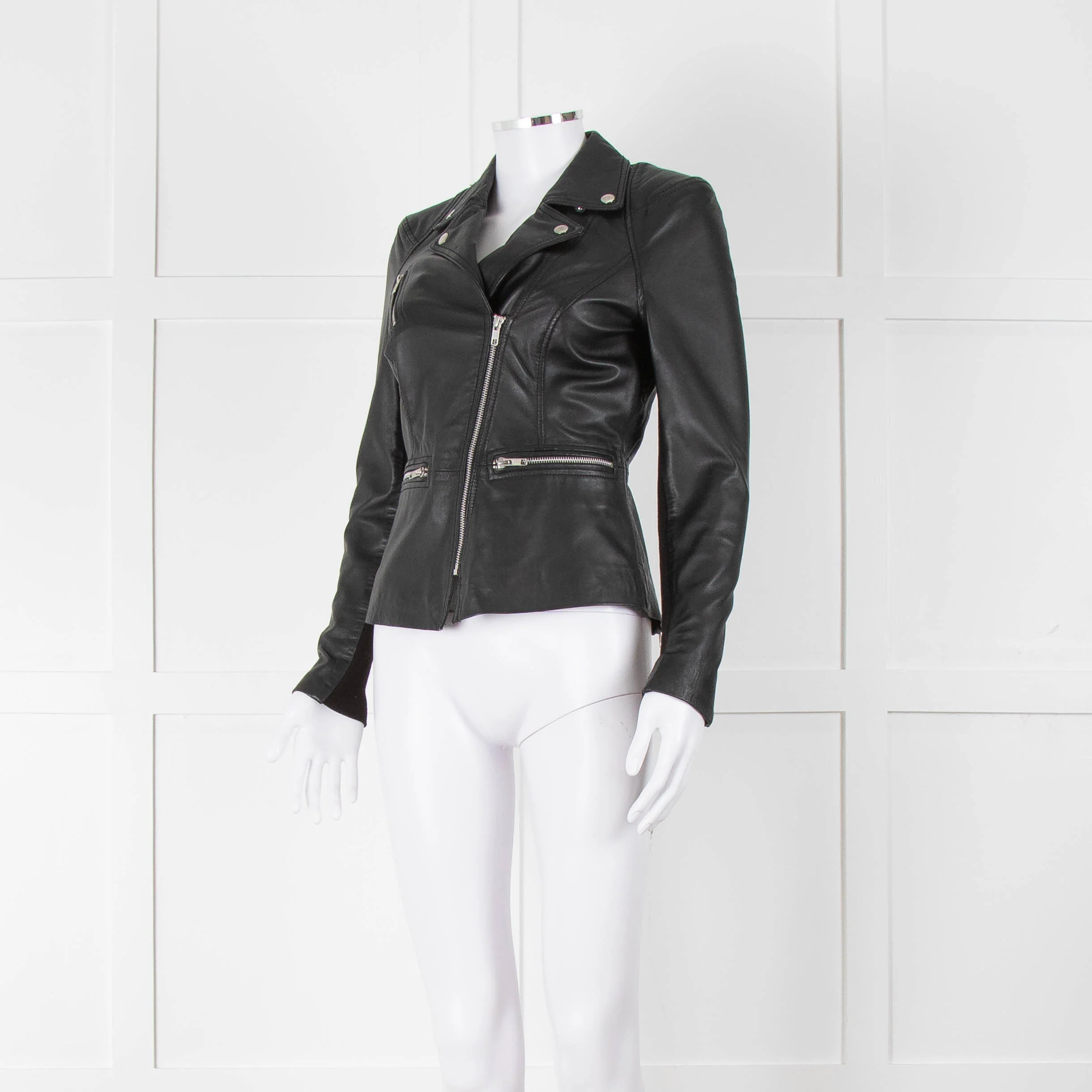 Muubaa Black Leather Knit Panel Sleeve Biker Jacket - Image 8