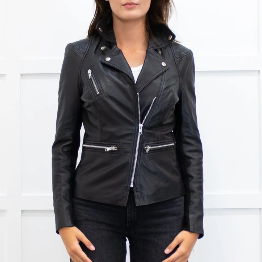 MUUBAA Black Leather Silver Zip Jacket - Image 2