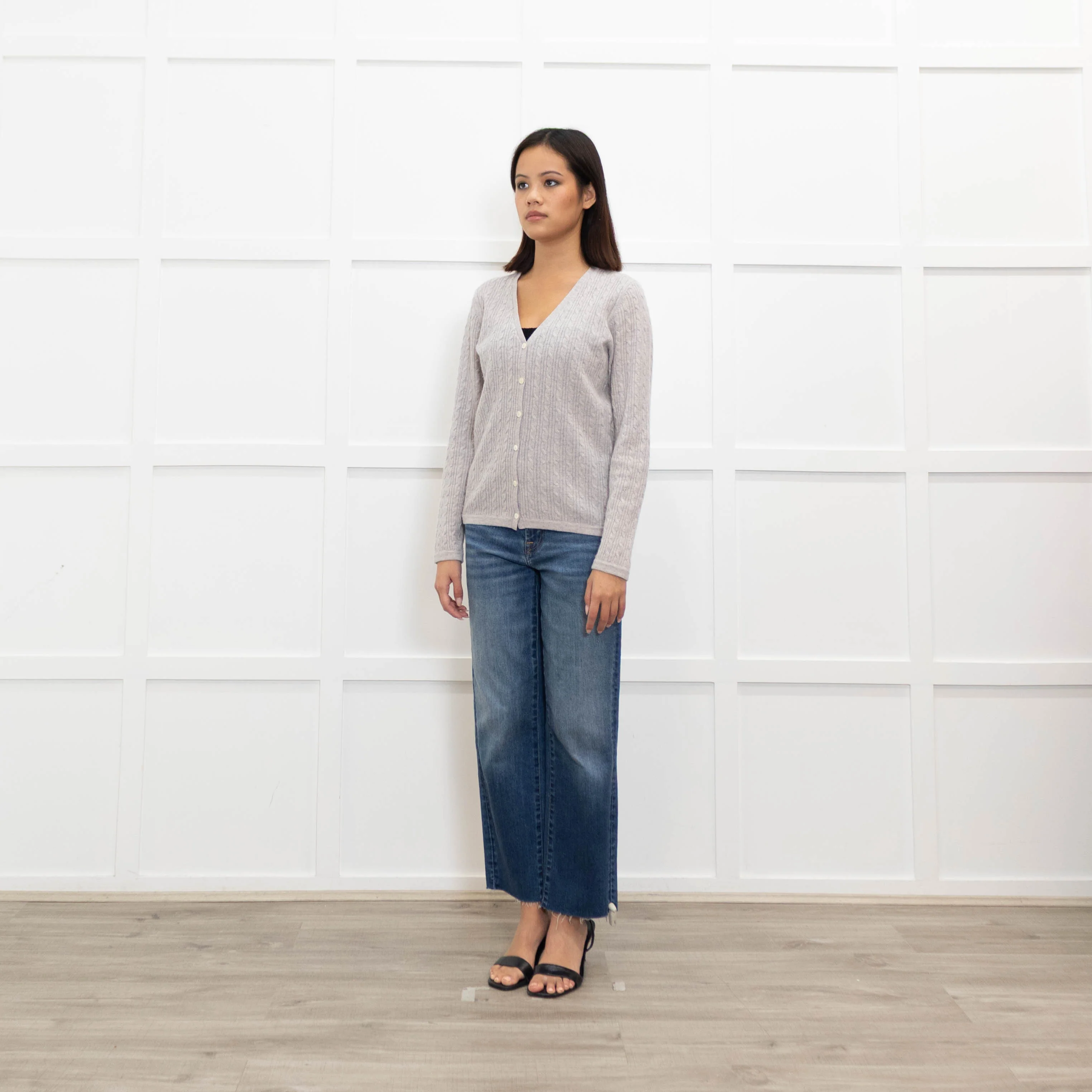 N. Peal Grey Cable Knit Cashmere Caridgan - Image 7