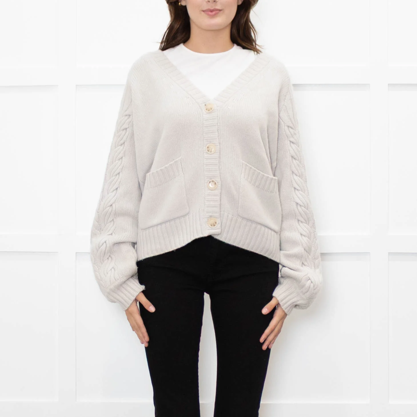 Naadam Putty Grey Cable Knit Arm Wool/Cashmere Mix Cardigan - Image 2