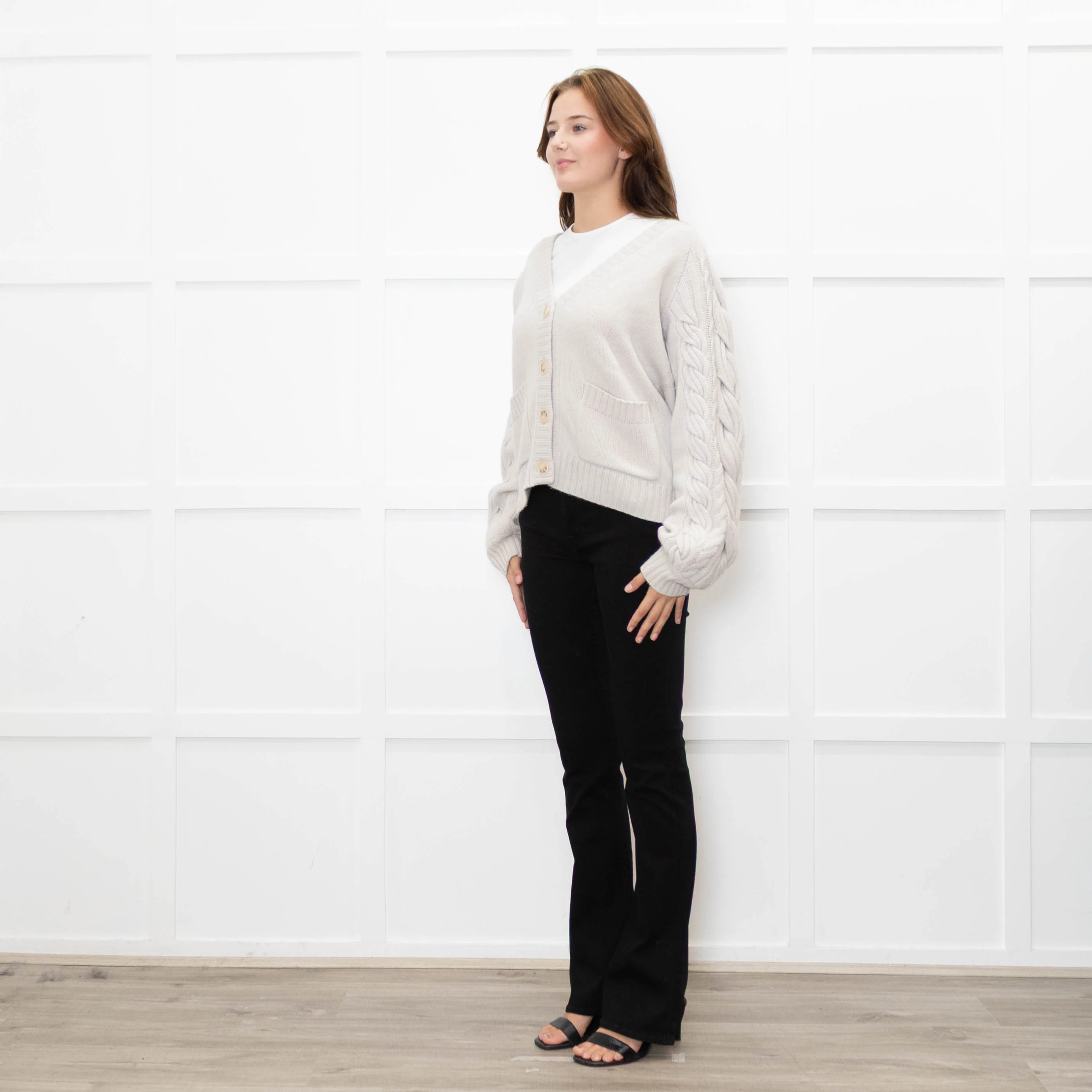 Naadam Putty Grey Cable Knit Arm Wool/Cashmere Mix Cardigan - Image 3