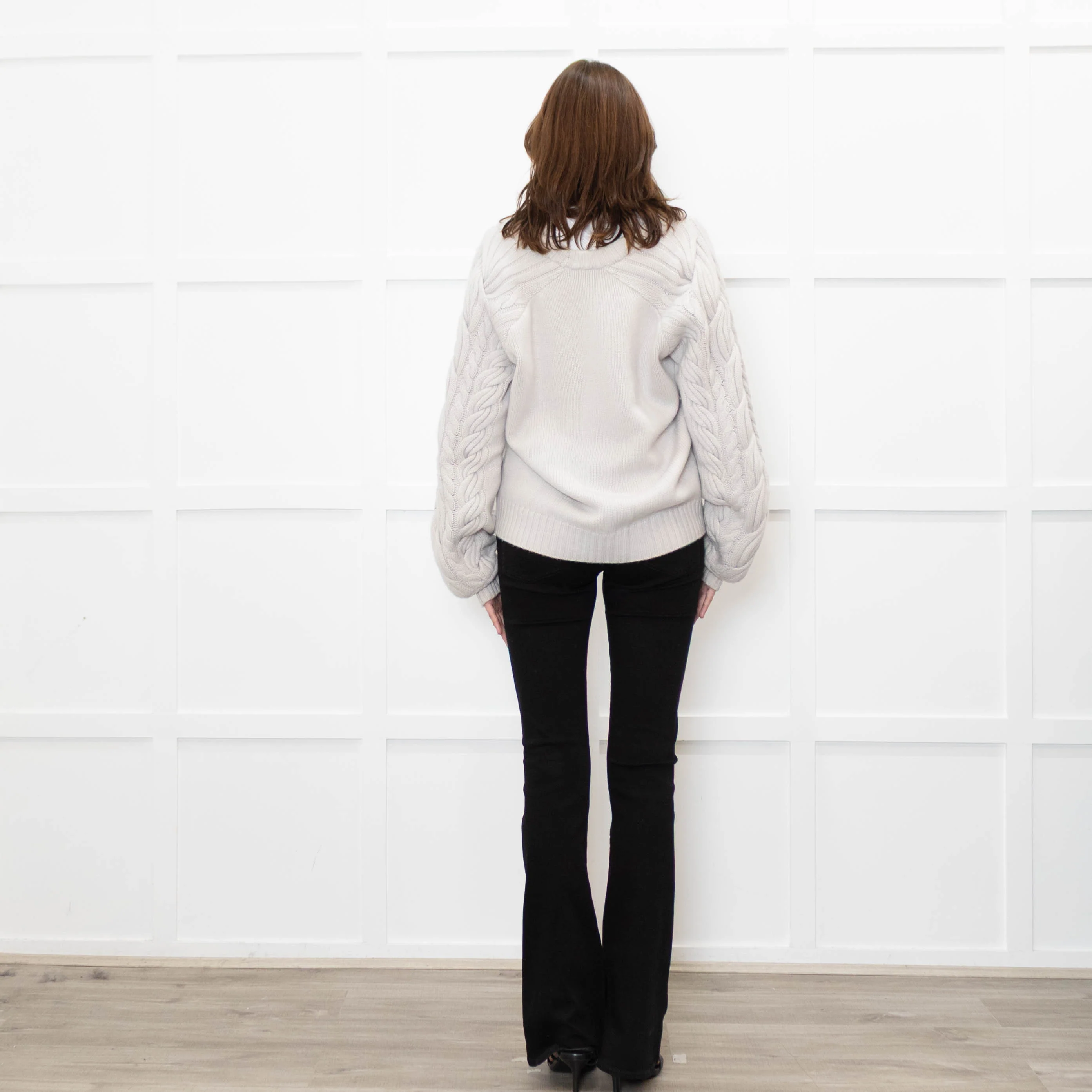 Naadam Putty Grey Cable Knit Arm Wool/Cashmere Mix Cardigan - Image 5