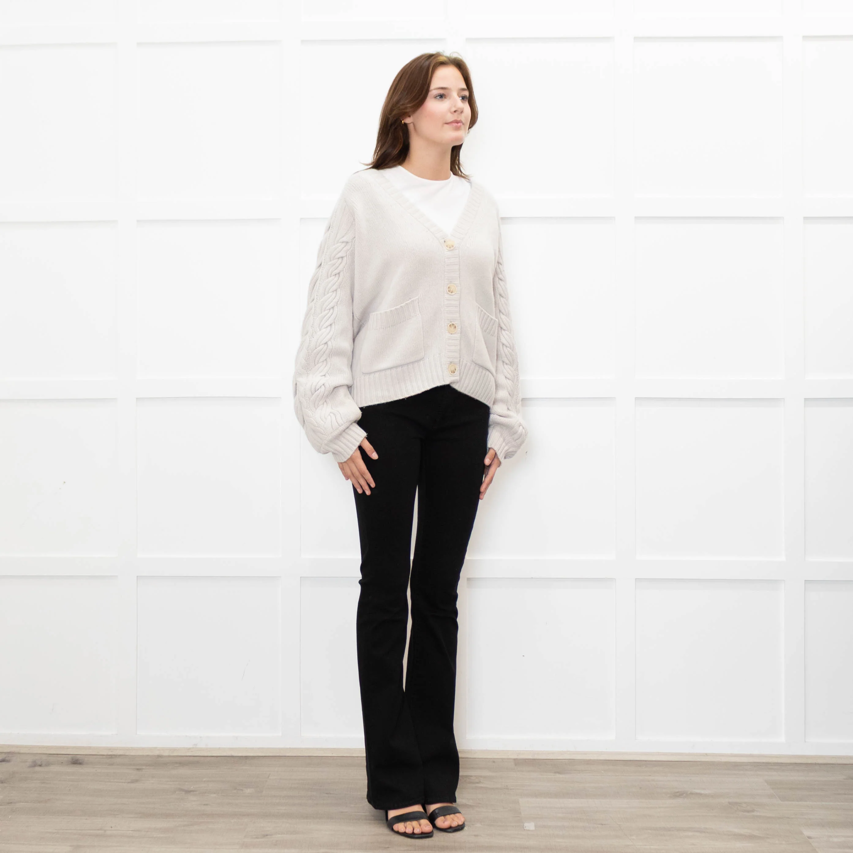 Naadam Putty Grey Cable Knit Arm Wool/Cashmere Mix Cardigan - Image 7