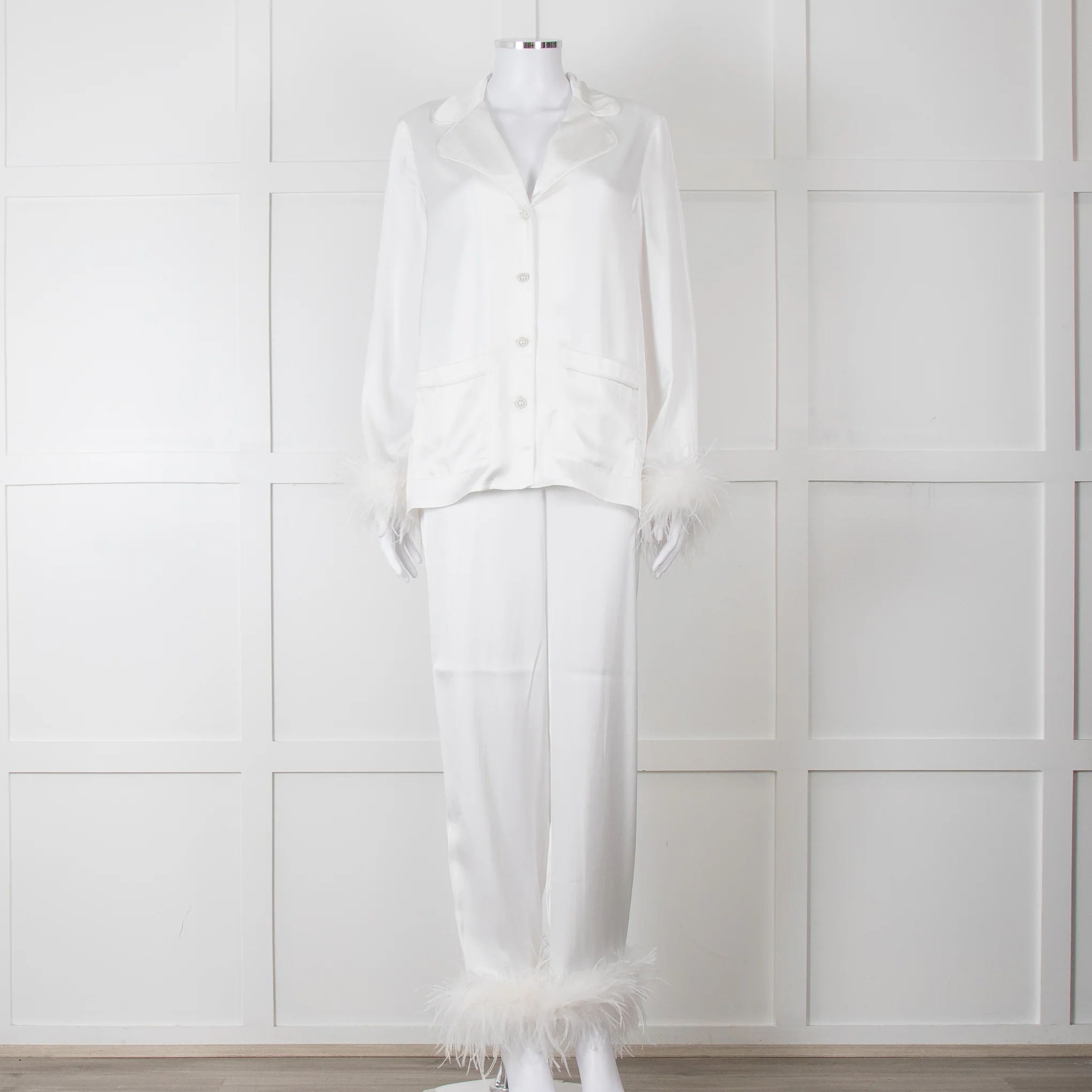 Nadine Merabi White Satin Feather Trim Pyjama Set