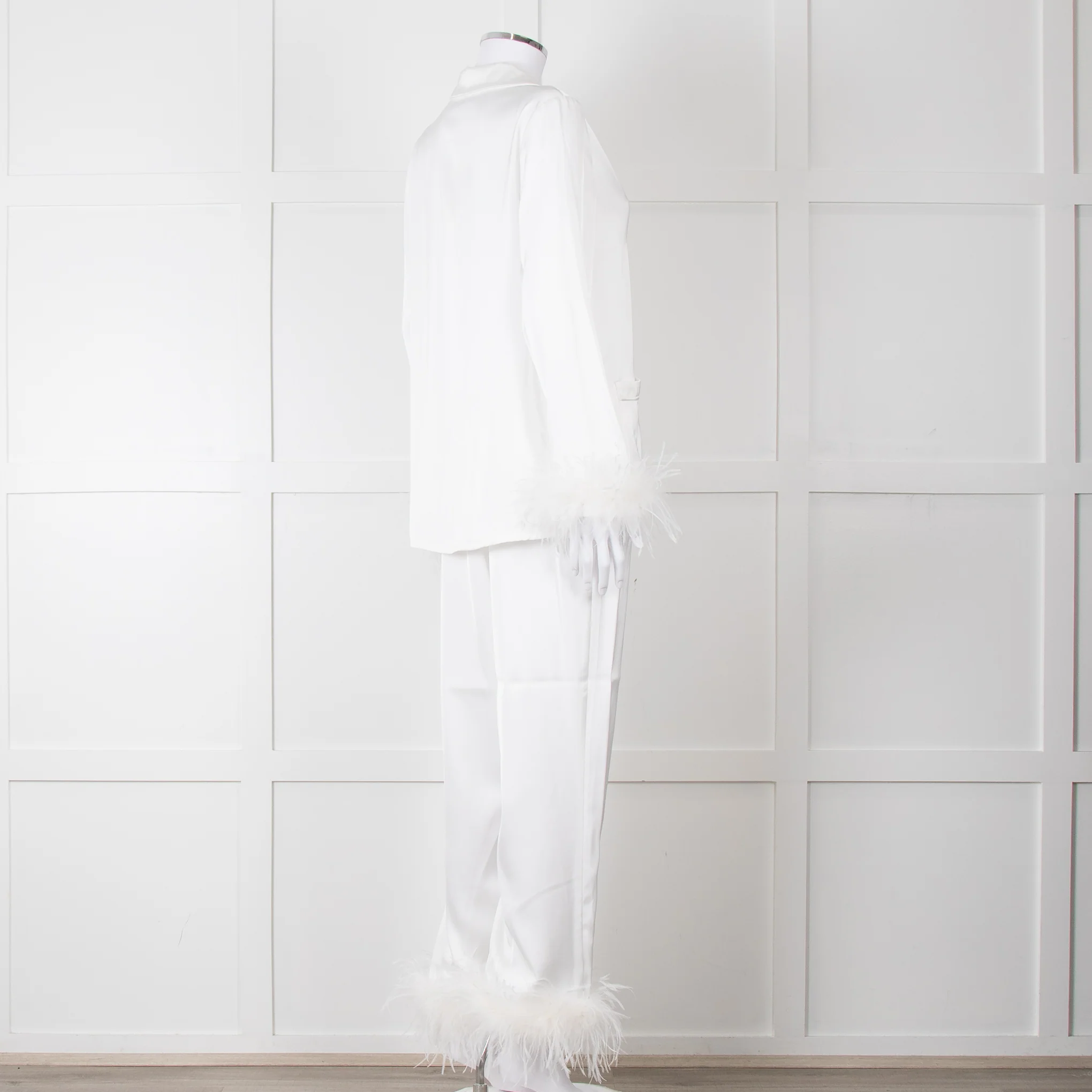 Nadine Merabi White Satin Feather Trim Pyjama Set - Image 6